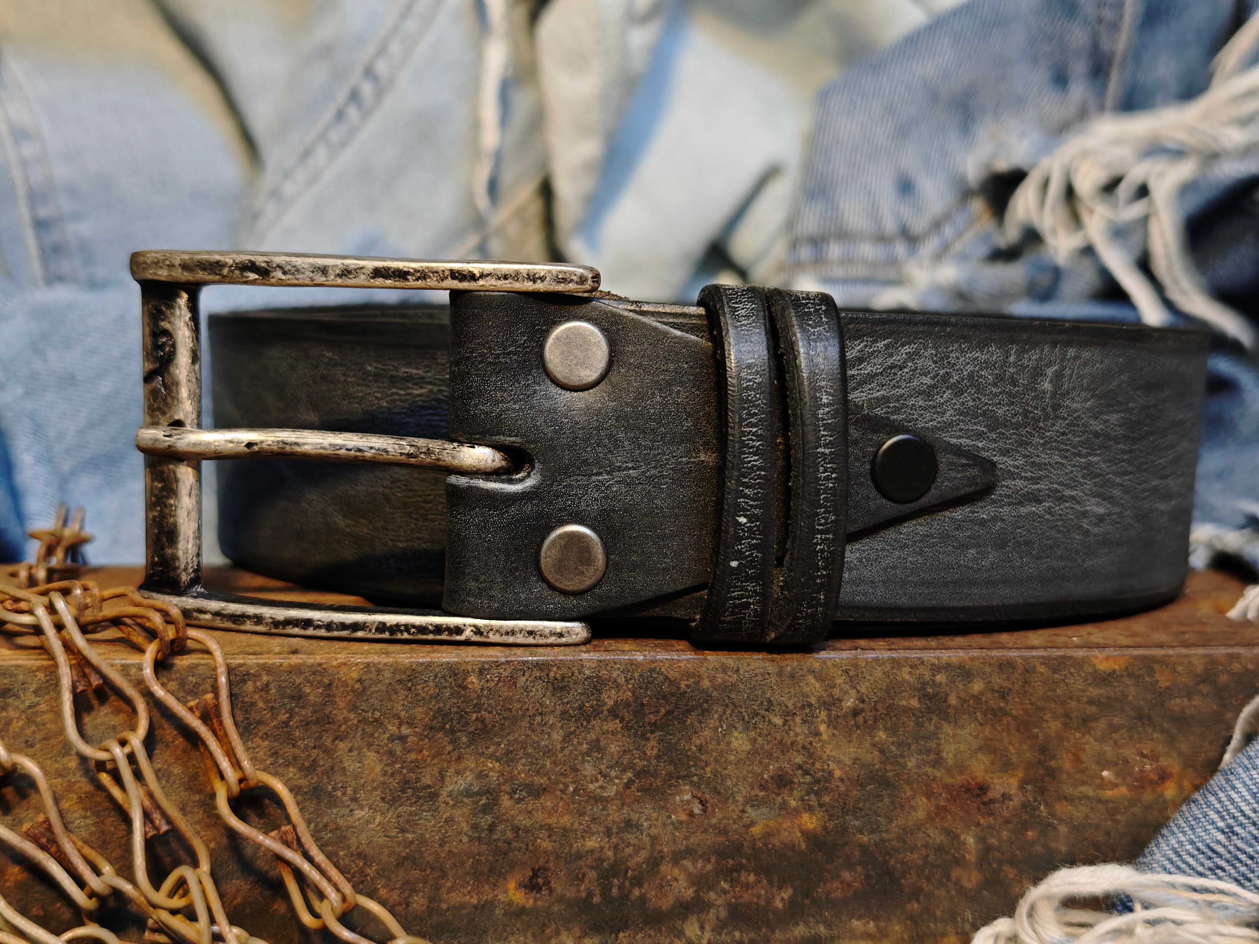 Handcrafted Distressed Black Leather Belt 4.2cm wide – Premium Full Grain Men's Belt