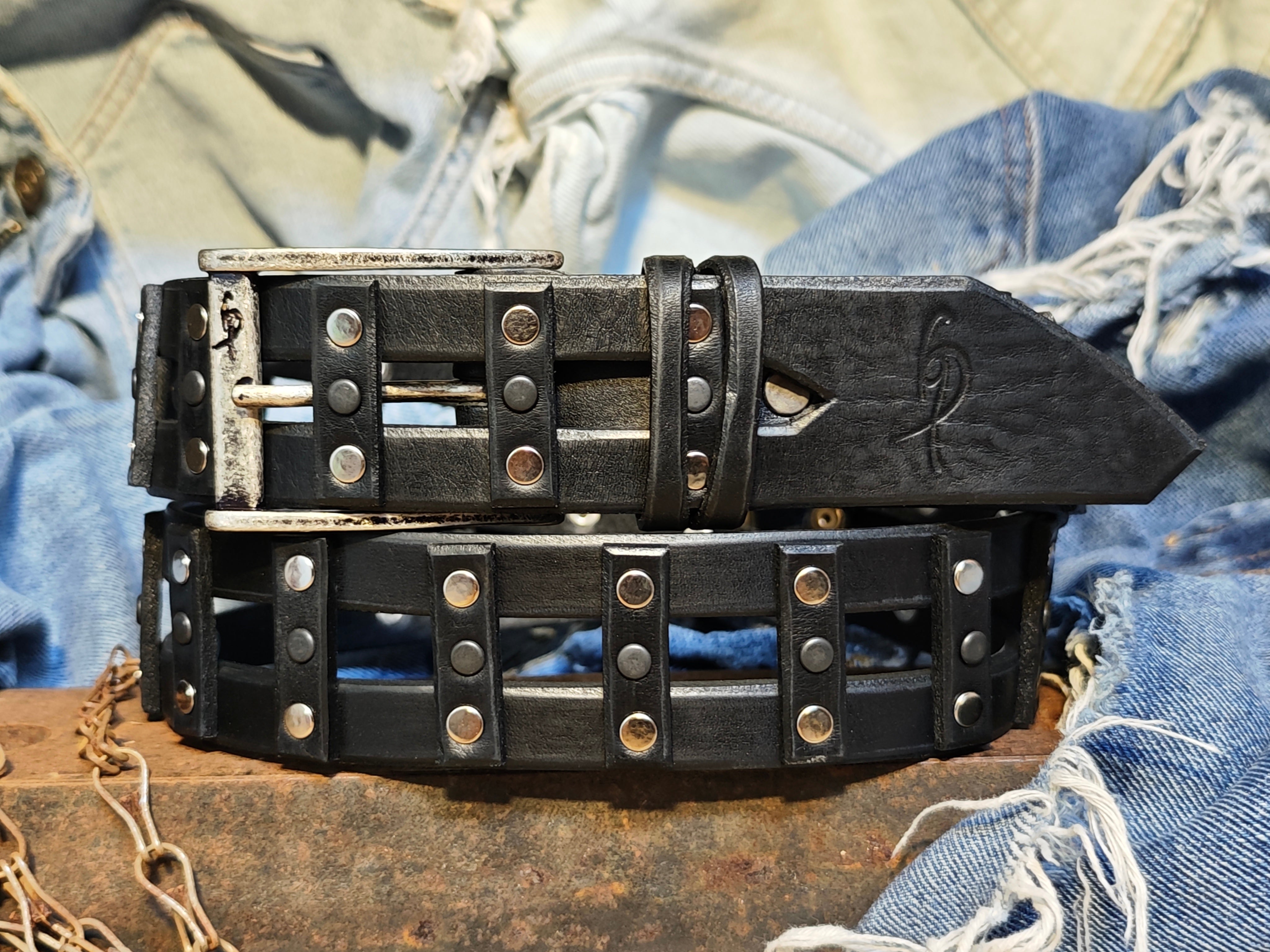 Stylish Handcrafted Rivet Studded Black Leather Mens Belt - Unique Artisan Design for Mens Fashion