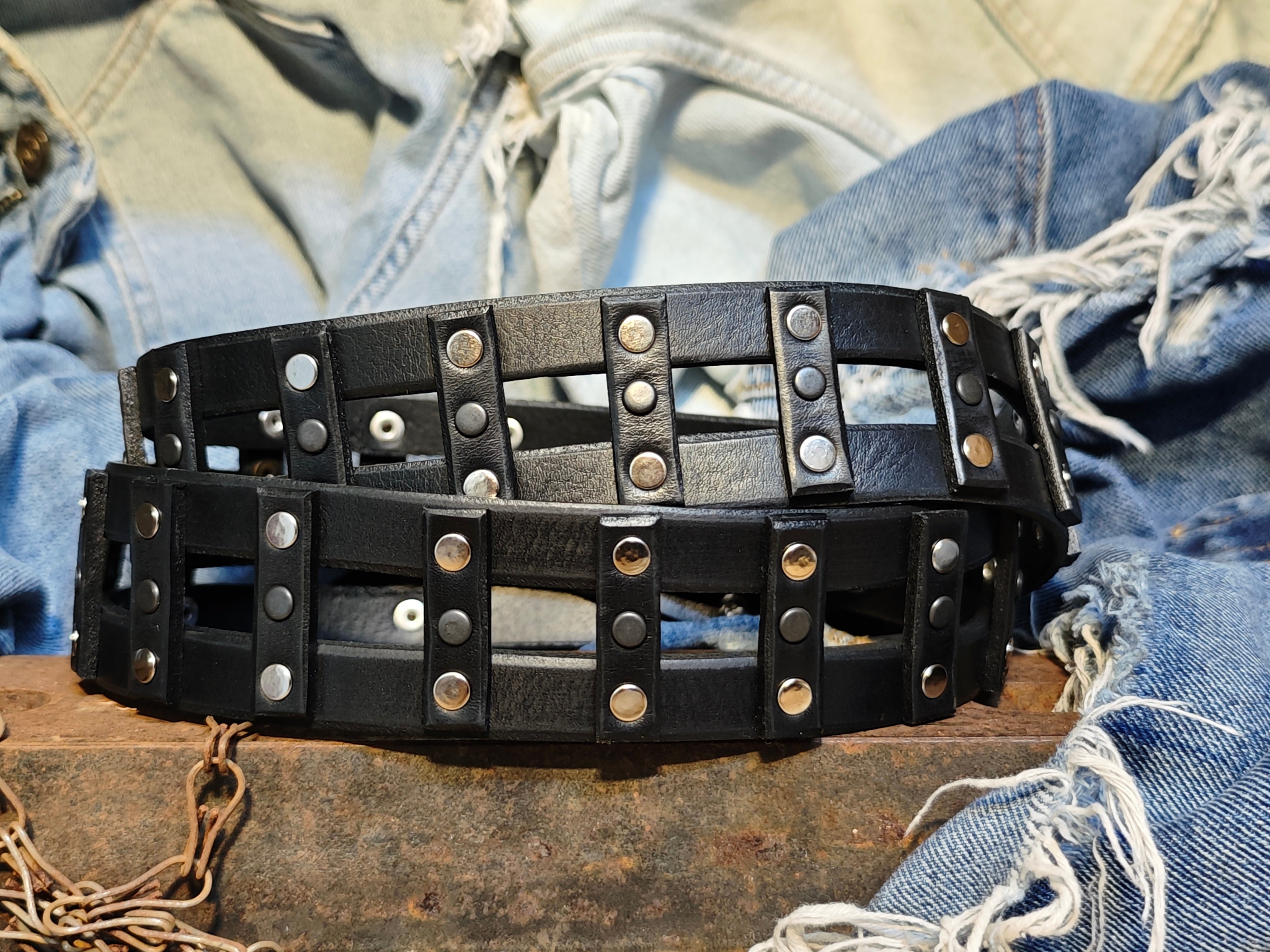 Stylish Handcrafted Rivet Studded Black Leather Mens Belt - Unique Artisan Design for Mens Fashion