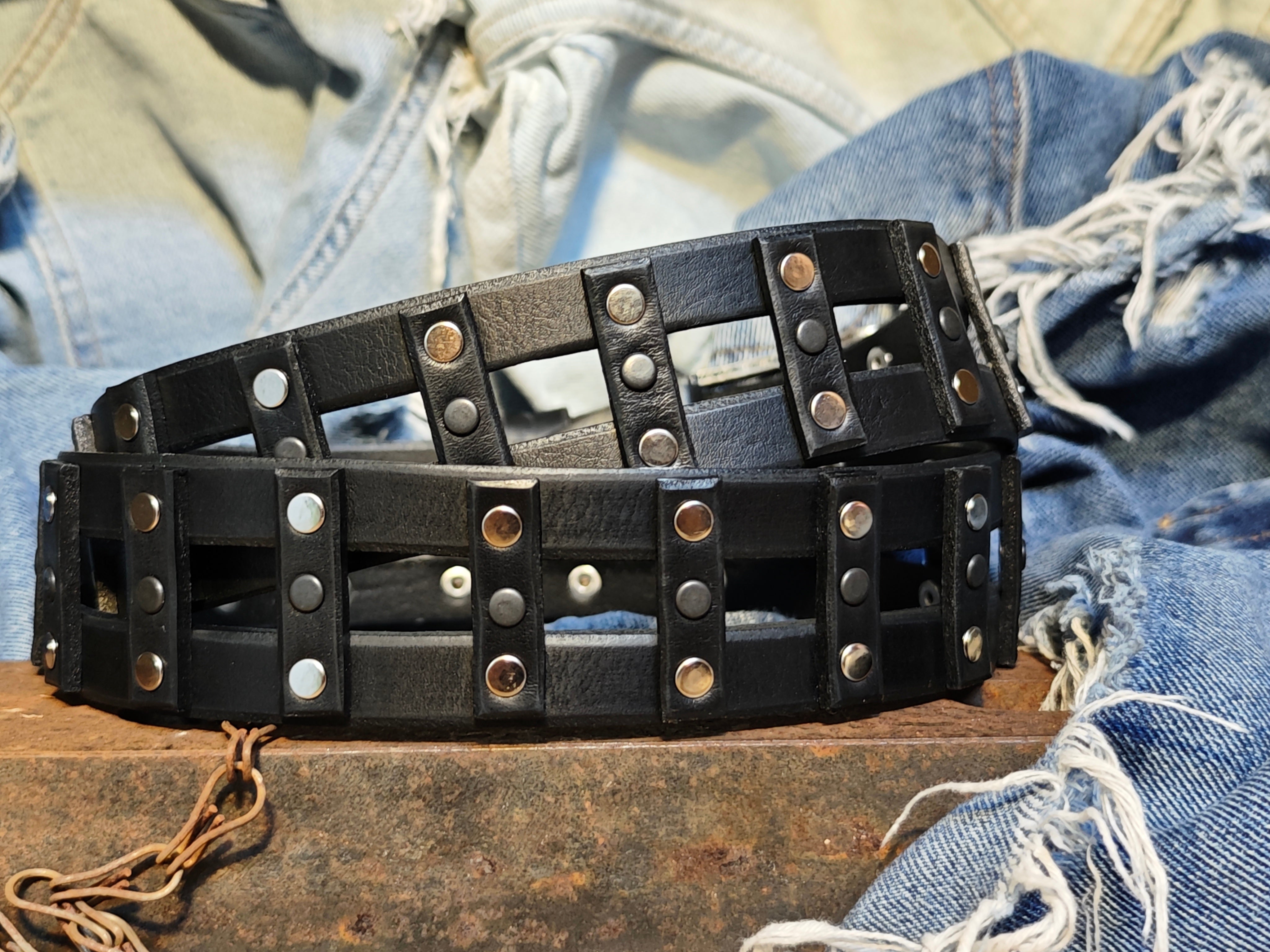 Stylish Handcrafted Rivet Studded Black Leather Mens Belt - Unique Artisan Design for Mens Fashion