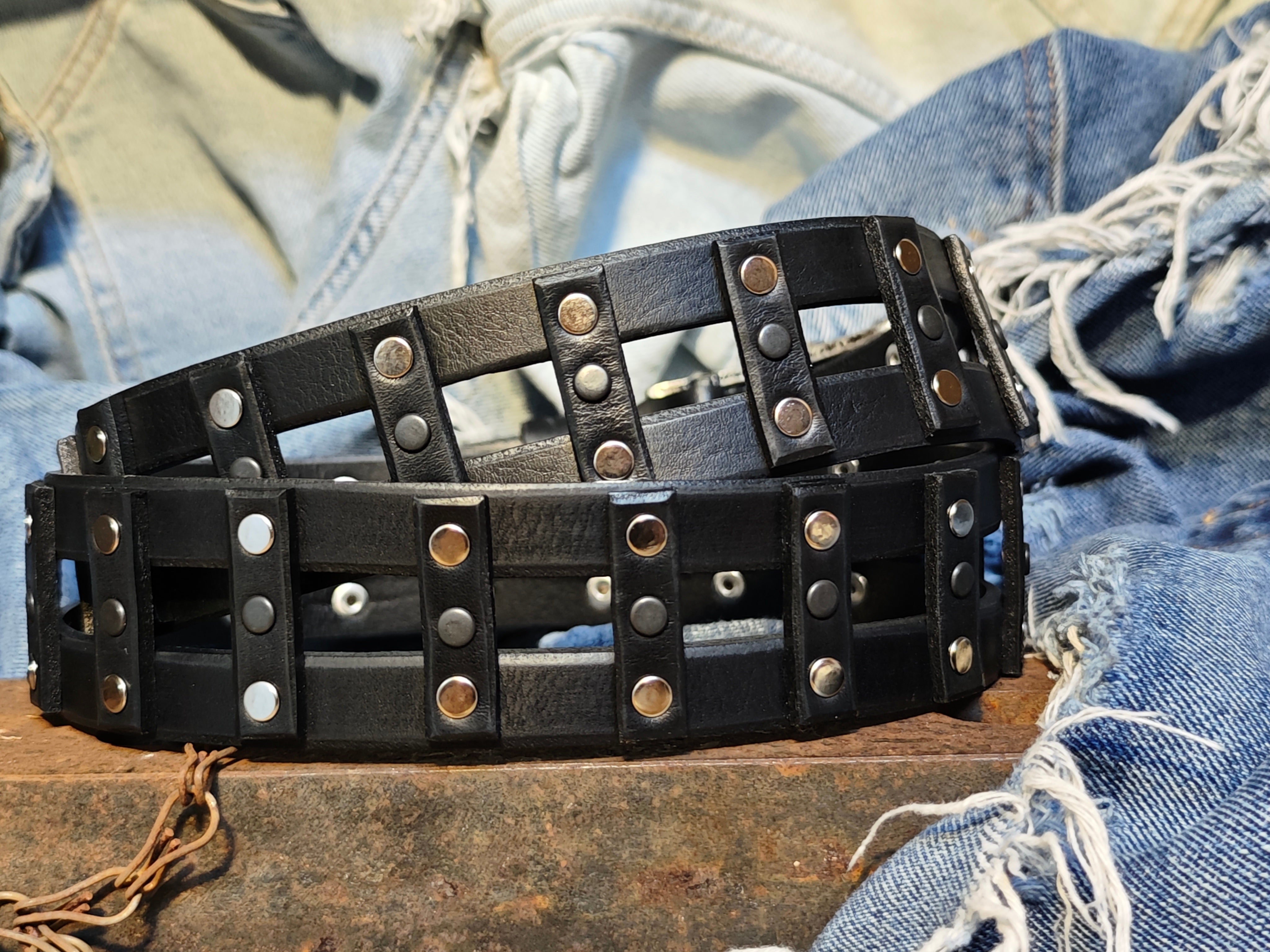 Stylish Handcrafted Rivet Studded Black Leather Mens Belt - Unique Artisan Design for Mens Fashion