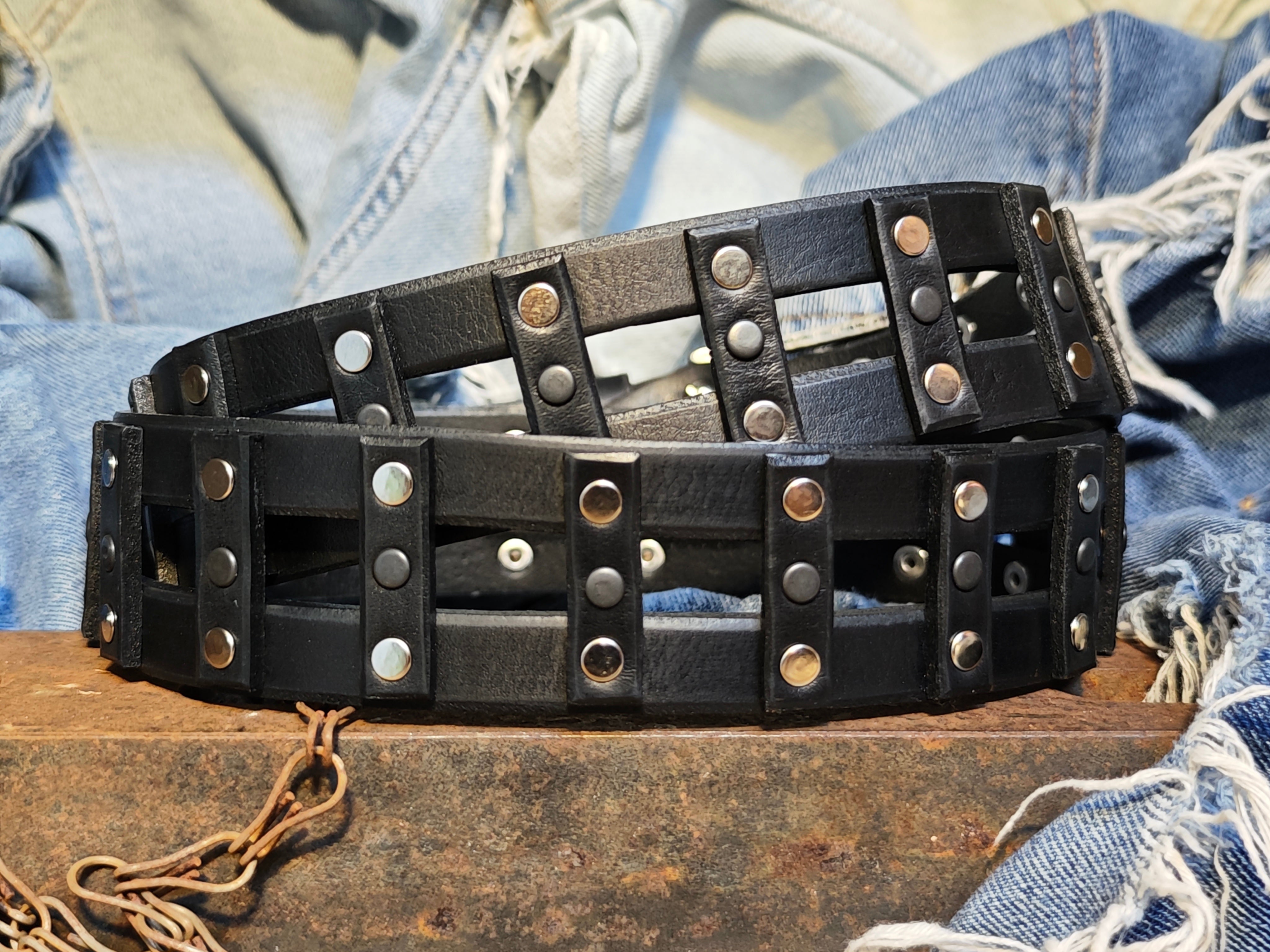 Stylish Handcrafted Rivet Studded Black Leather Mens Belt - Unique Artisan Design for Mens Fashion