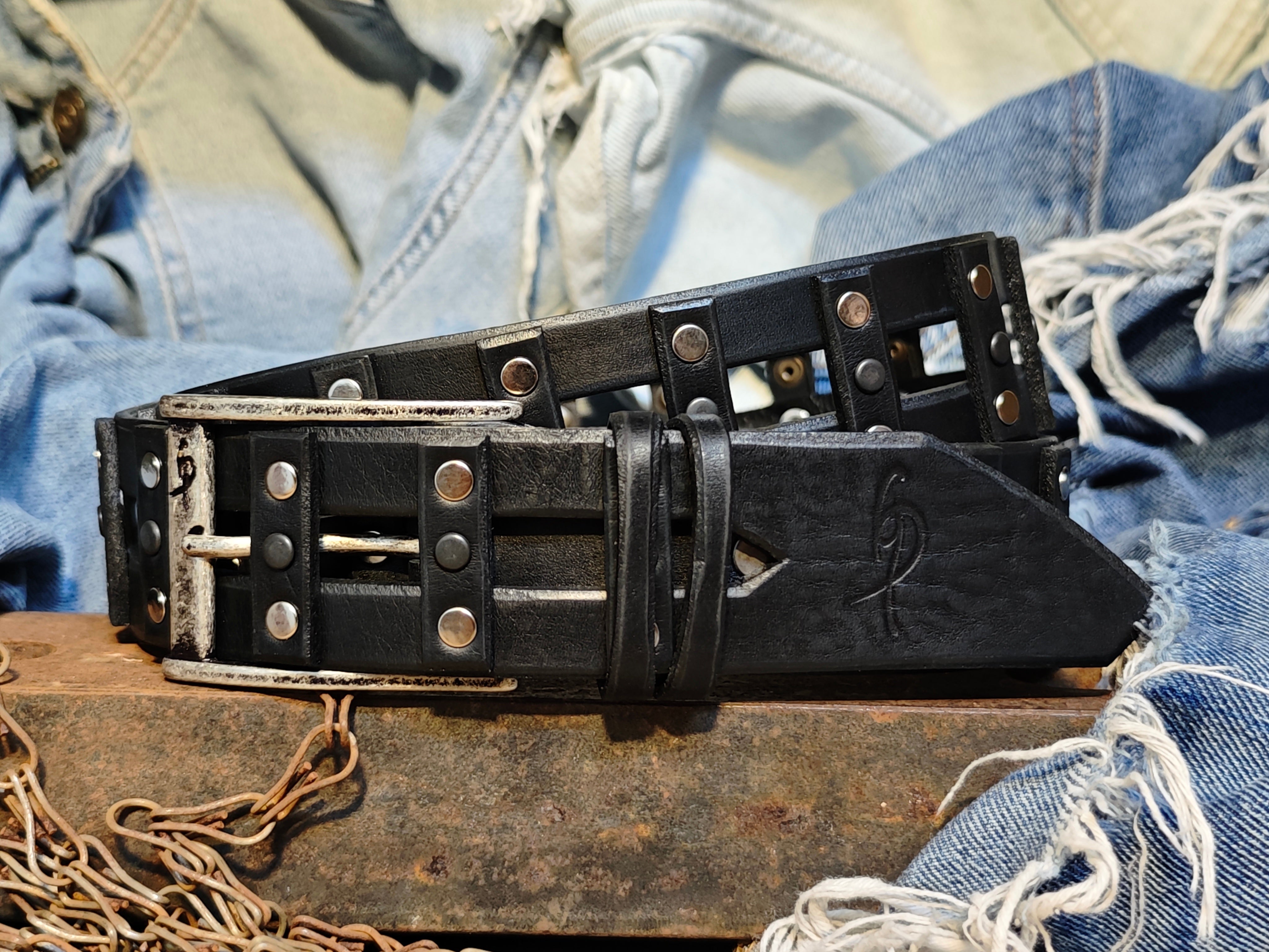 Stylish Handcrafted Rivet Studded Black Leather Mens Belt - Unique Artisan Design for Mens Fashion