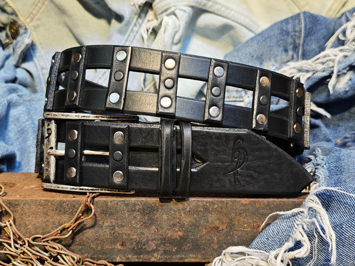 Stylish Handcrafted Rivet Studded Black Leather Mens Belt - Unique Artisan Design for Mens Fashion