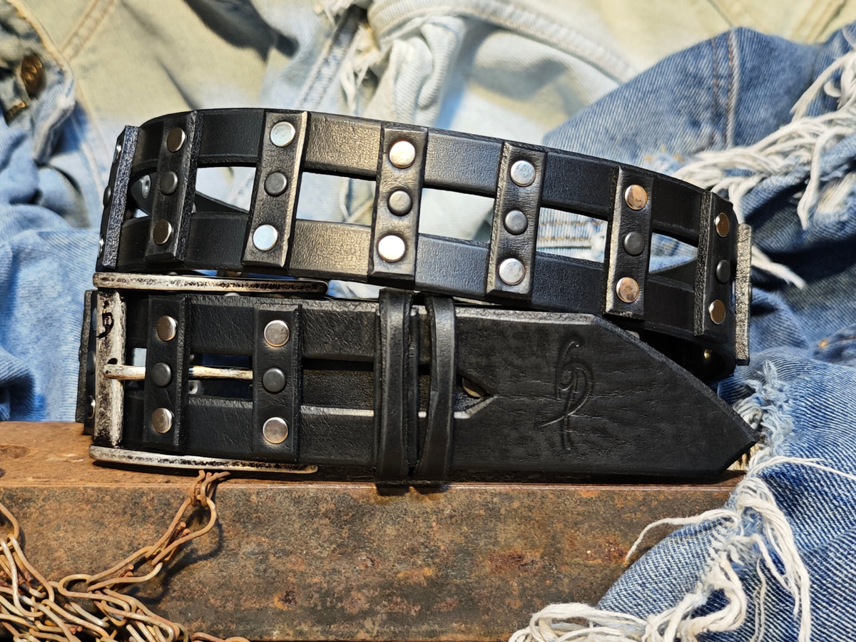 Stylish Handcrafted Rivet Studded Black Leather Mens Belt - Unique Artisan Design for Mens Fashion