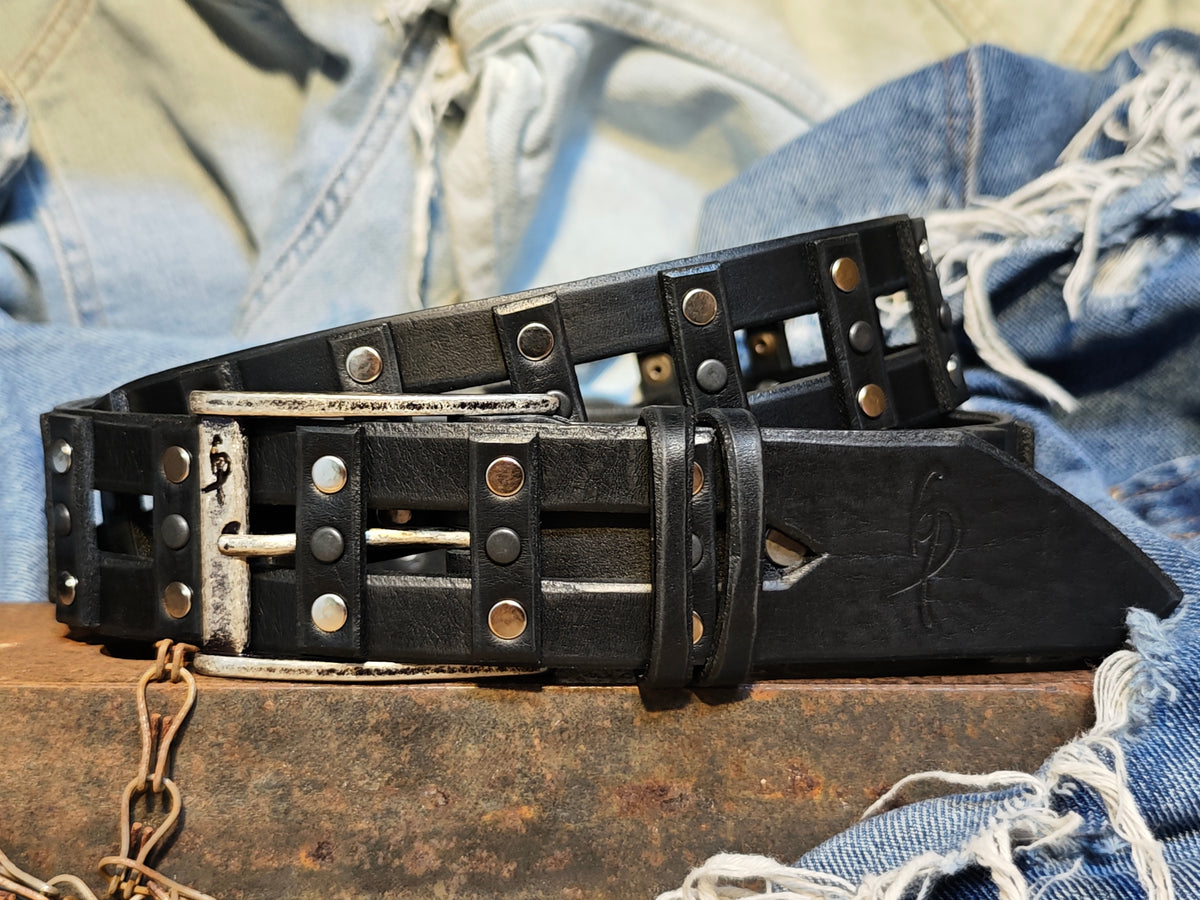 Stylish Handcrafted Rivet Studded Black Leather Mens Belt - Unique Artisan Design for Mens Fashion