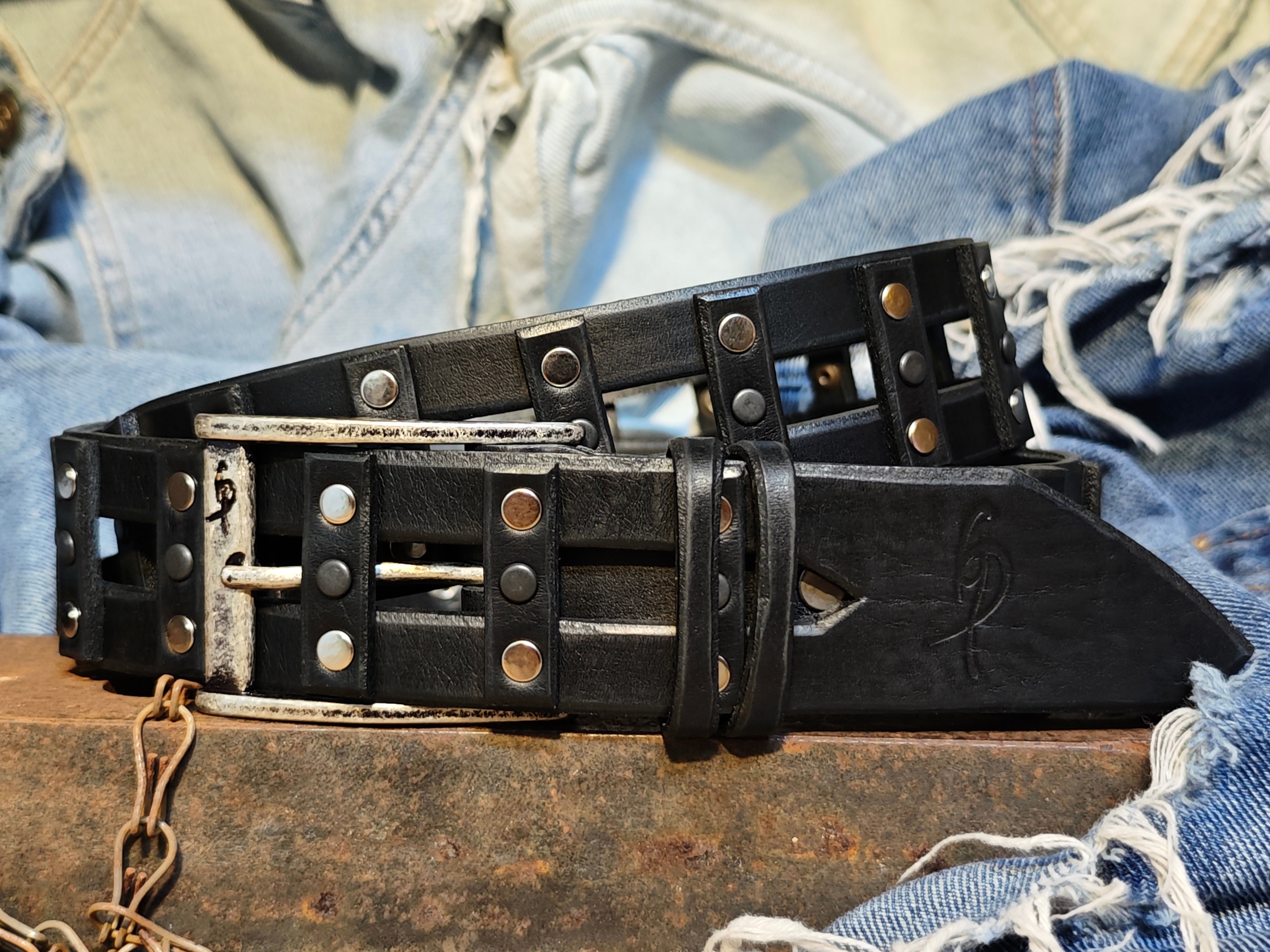 Stylish Handcrafted Rivet Studded Black Leather Mens Belt - Unique Artisan Design for Mens Fashion