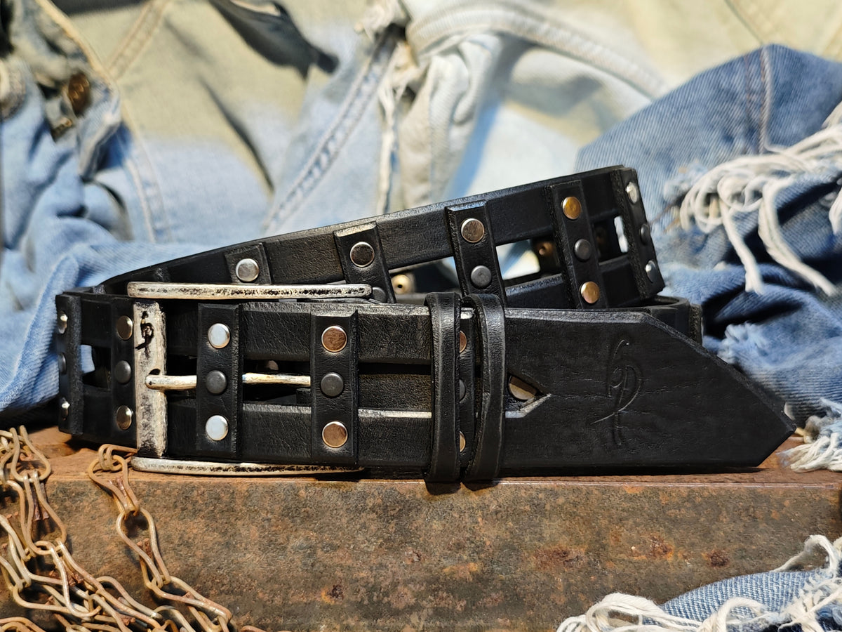 Stylish Handcrafted Rivet Studded Black Leather Mens Belt - Unique Artisan Design for Mens Fashion