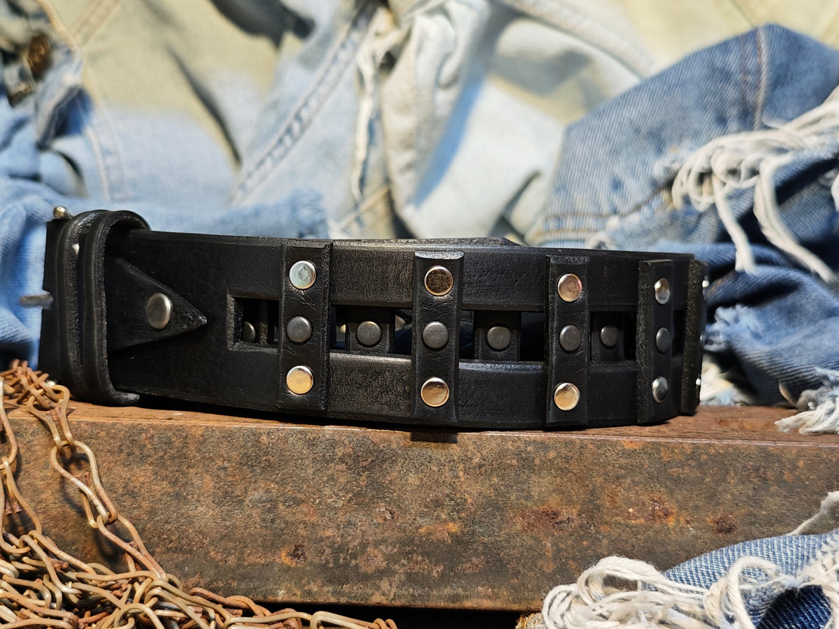 Stylish Handcrafted Rivet Studded Black Leather Mens Belt - Unique Artisan Design for Mens Fashion