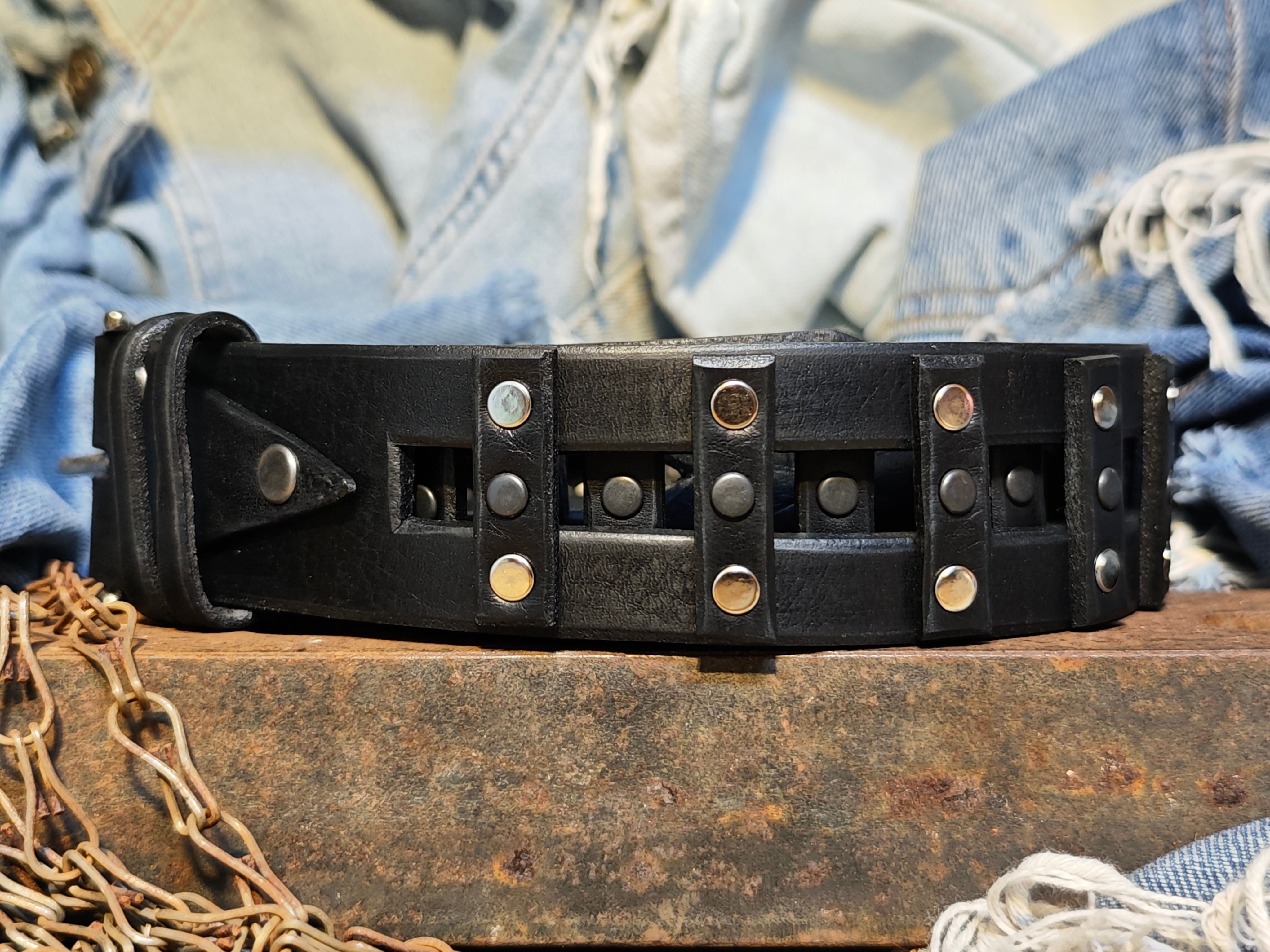 Stylish Handcrafted Rivet Studded Black Leather Mens Belt - Unique Artisan Design for Mens Fashion