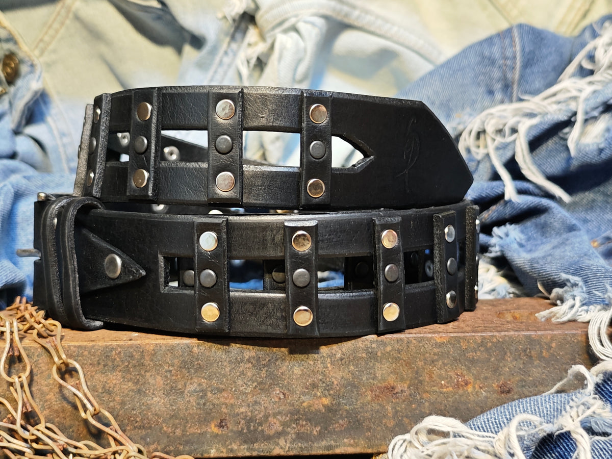 Stylish Handcrafted Rivet Studded Black Leather Mens Belt - Unique Artisan Design for Mens Fashion