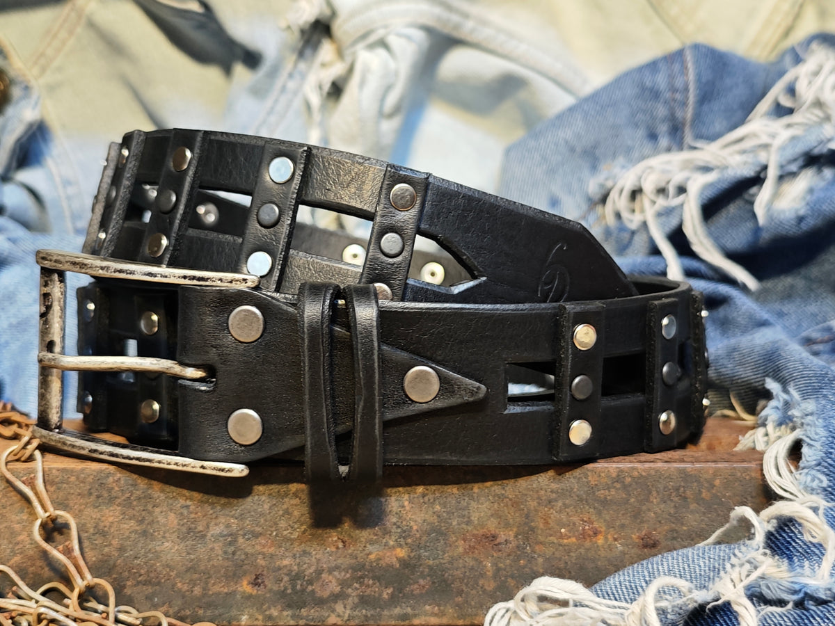 Stylish Handcrafted Rivet Studded Black Leather Mens Belt - Unique Artisan Design for Mens Fashion