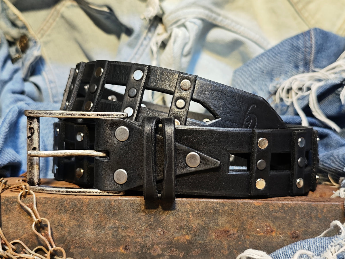 Stylish Handcrafted Rivet Studded Black Leather Mens Belt - Unique Artisan Design for Mens Fashion