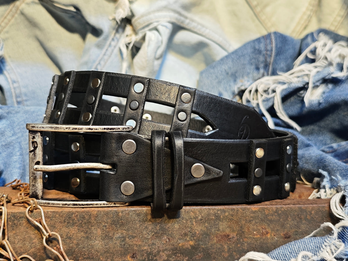 Stylish Handcrafted Rivet Studded Black Leather Mens Belt - Unique Artisan Design for Mens Fashion