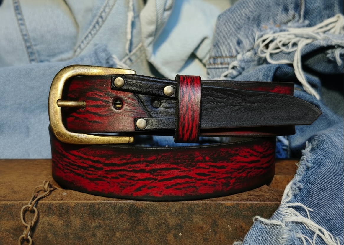 Handmade Red Leather Belt with Black Wash, Unique Design with Black End connect with two Pieces and Bronze Rivet Decorations
