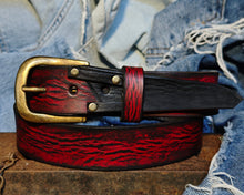 Handmade Red Leather Belt with Black Wash, Unique Design with Black End connect with two Pieces and Bronze Rivet Decorations