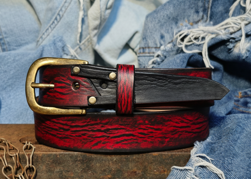 Handmade Red Leather Belt with Black Wash, Unique Design with Black End connect with two Pieces and Bronze Rivet Decorations