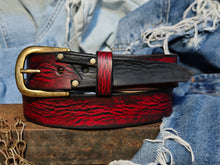 Handmade Red Leather Belt with Black Wash, Unique Design with Black End connect with two Pieces and Bronze Rivet Decorations