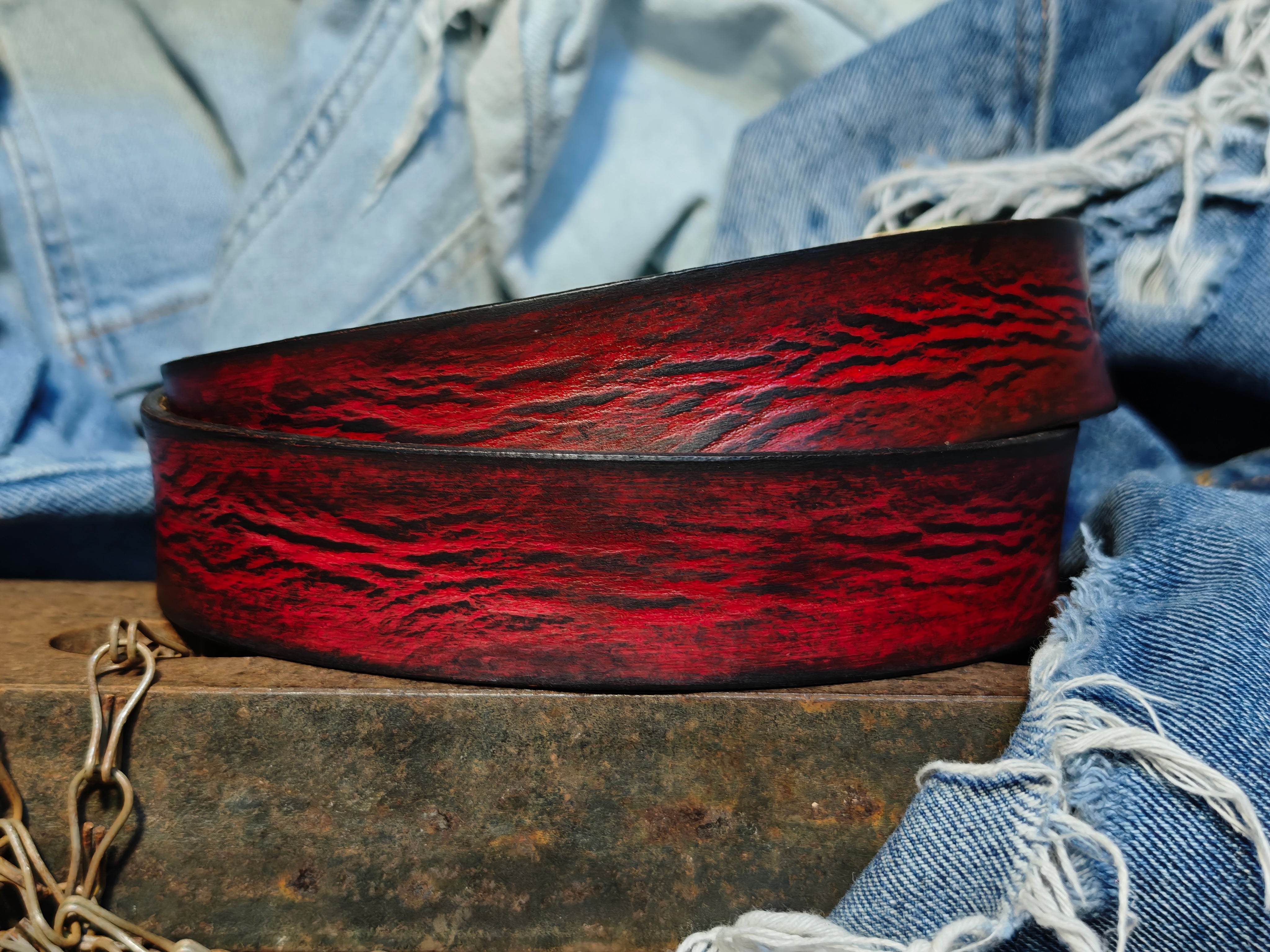 Handmade Red Leather Belt with Black Wash, Unique Design with Black End connect with two Pieces and Bronze Rivet Decorations