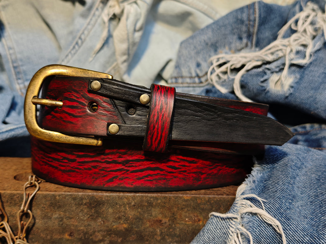 Handmade Red Leather Belt with Black Wash, Unique Design with Black End connect with two Pieces and Bronze Rivet Decorations