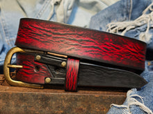 Handmade Red Leather Belt with Black Wash, Unique Design with Black End connect with two Pieces and Bronze Rivet Decorations