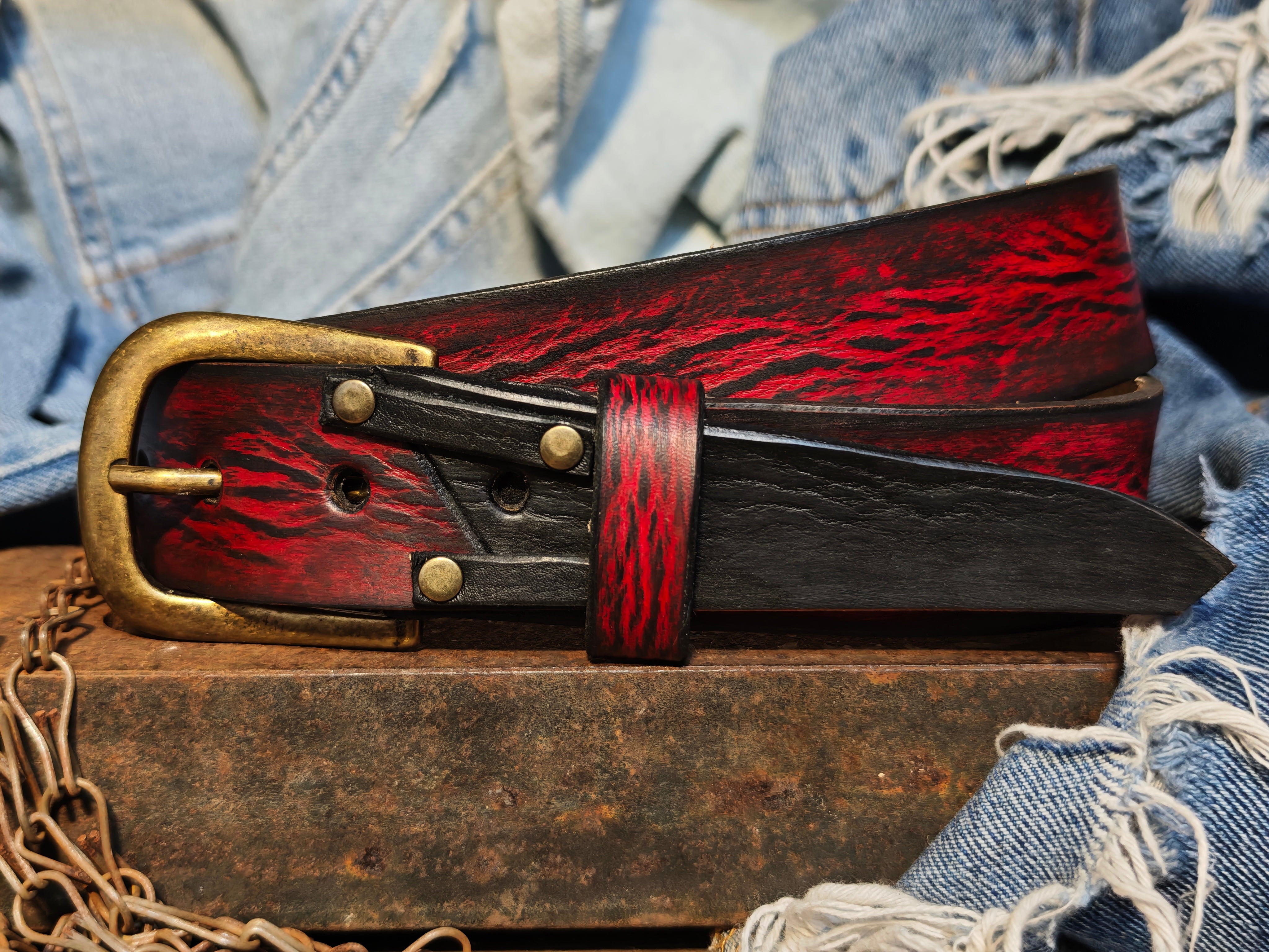 Handmade Red Leather Belt with Black Wash, Unique Design with Black End connect with two Pieces and Bronze Rivet Decorations