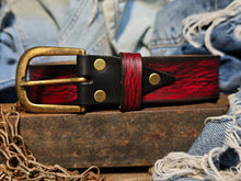 Handmade Red Leather Belt with Black Wash, Unique Design with Black End connect with two Pieces and Bronze Rivet Decorations