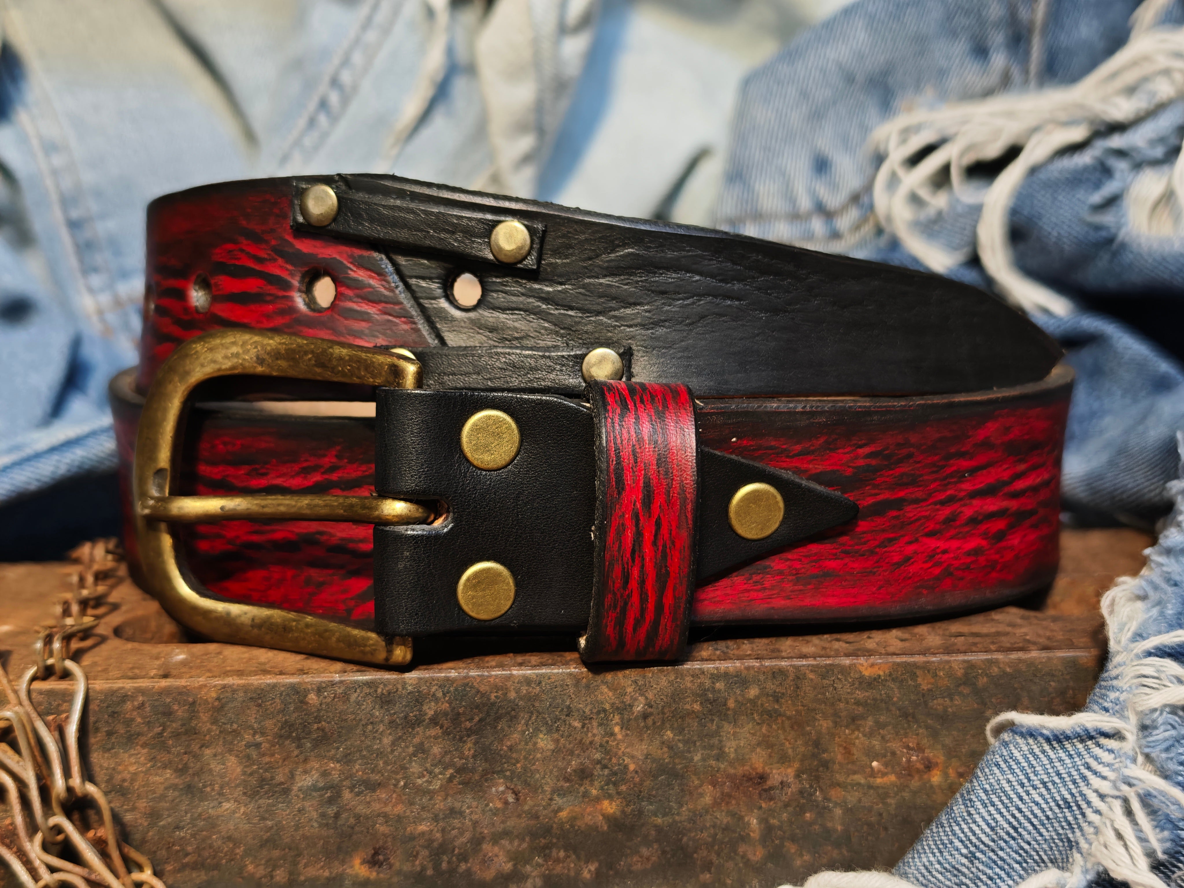 Handmade Red Leather Belt with Black Wash, Unique Design with Black End connect with two Pieces and Bronze Rivet Decorations