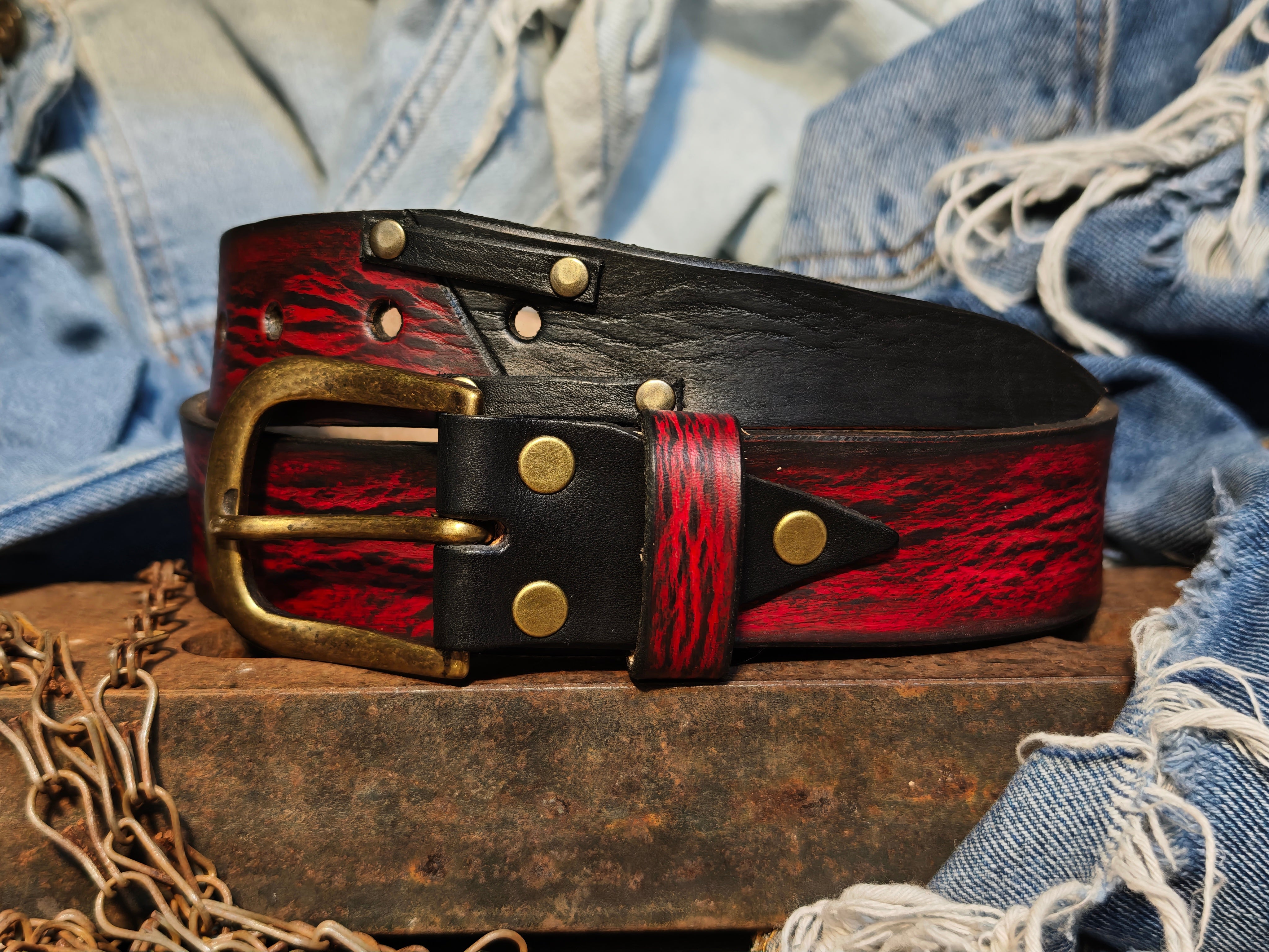 Handmade Red Leather Belt with Black Wash, Unique Design with Black End connect with two Pieces and Bronze Rivet Decorations