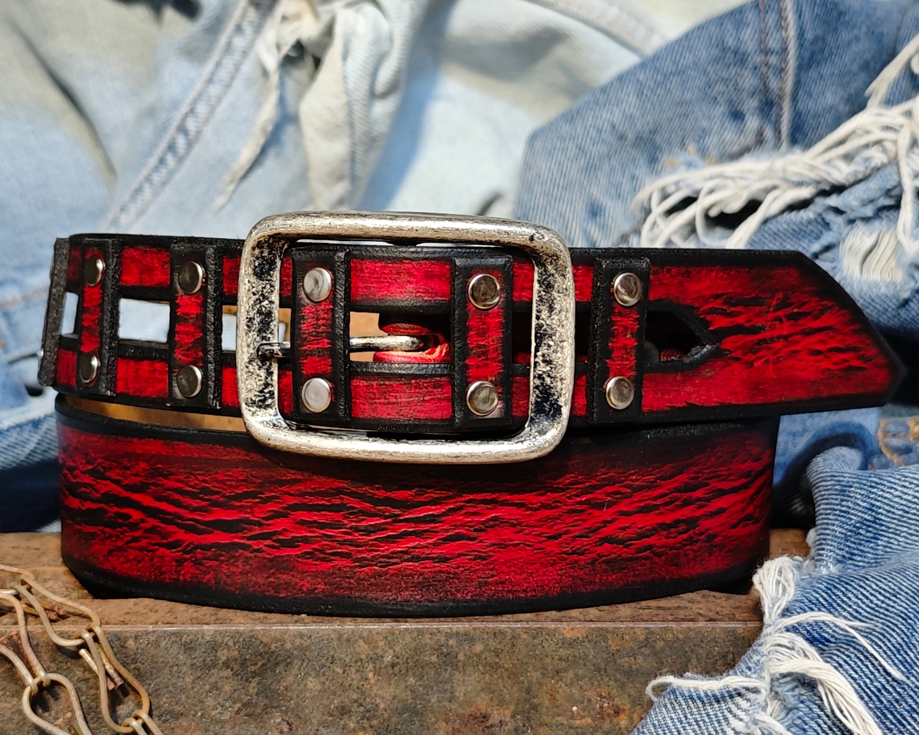 Handmade Red Leather Belt with a Metal Buckle - Personalizable Gift for Your Loved One