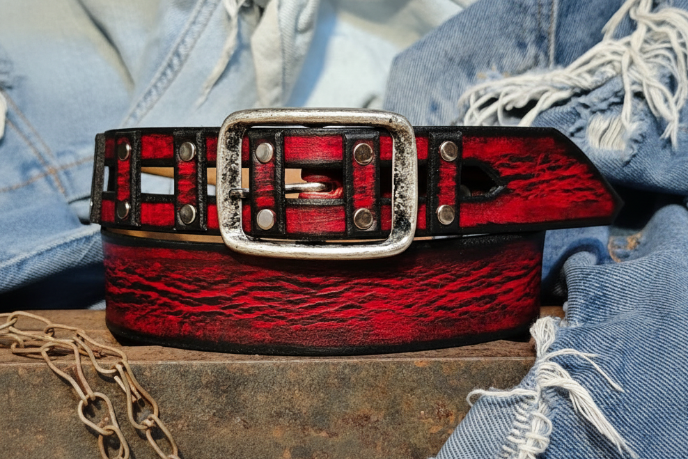Handmade Red Leather Belt with a Metal Buckle - Personalizable Gift for Your Loved One