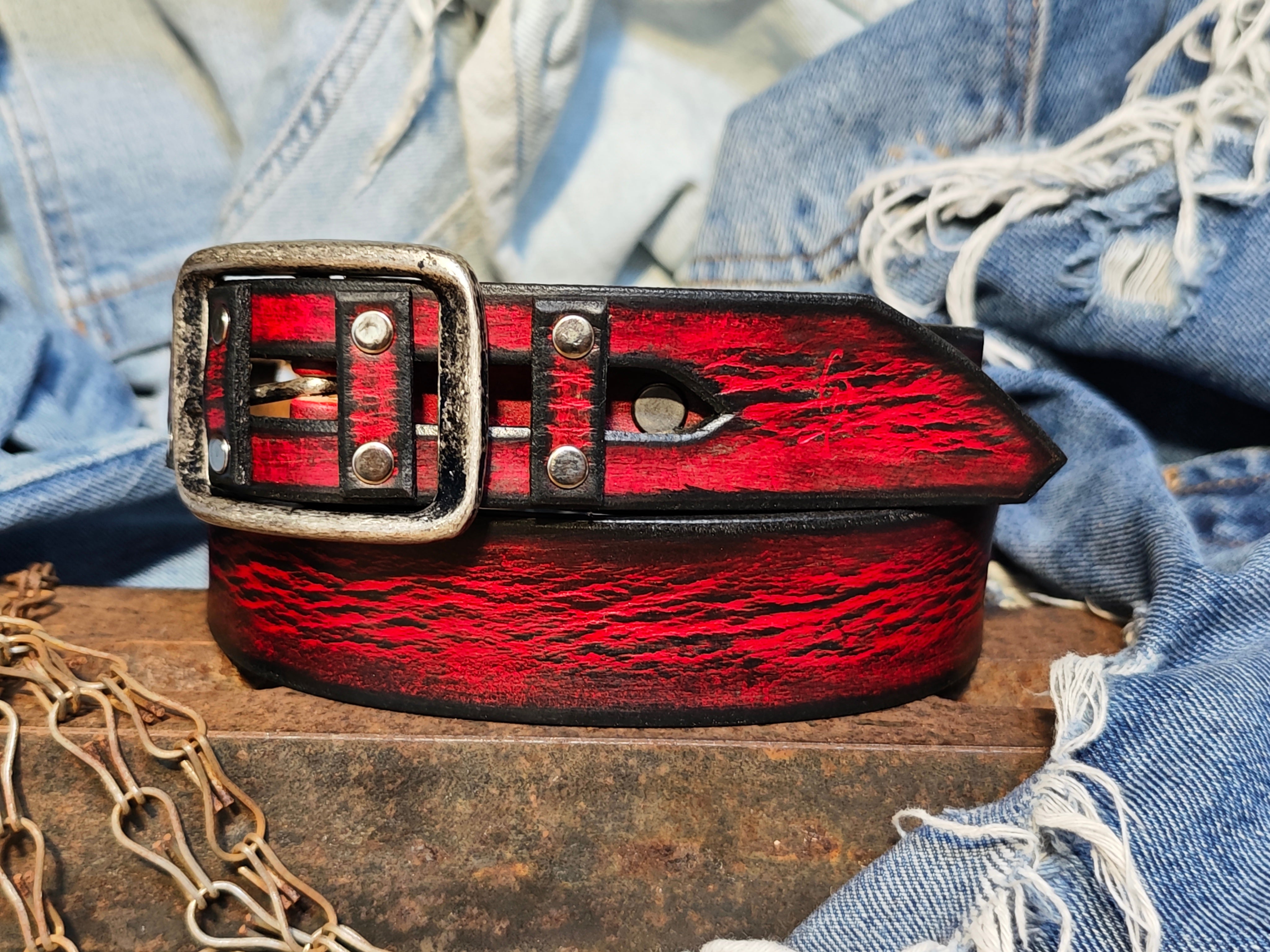 Handmade Red Leather Belt with a Metal Buckle - Personalizable Gift for Your Loved One