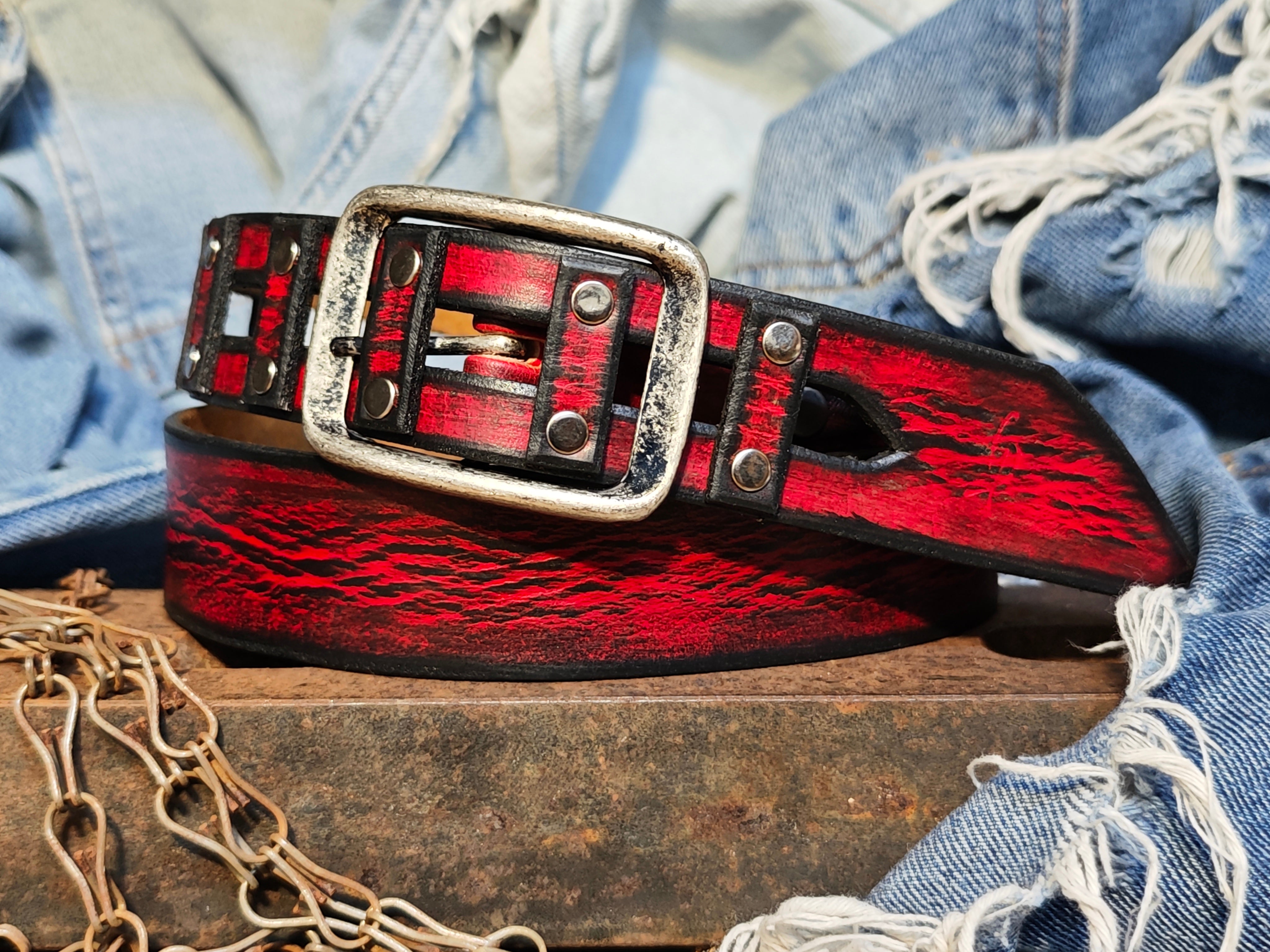 Handmade Red Leather Belt with a Metal Buckle - Personalizable Gift for Your Loved One