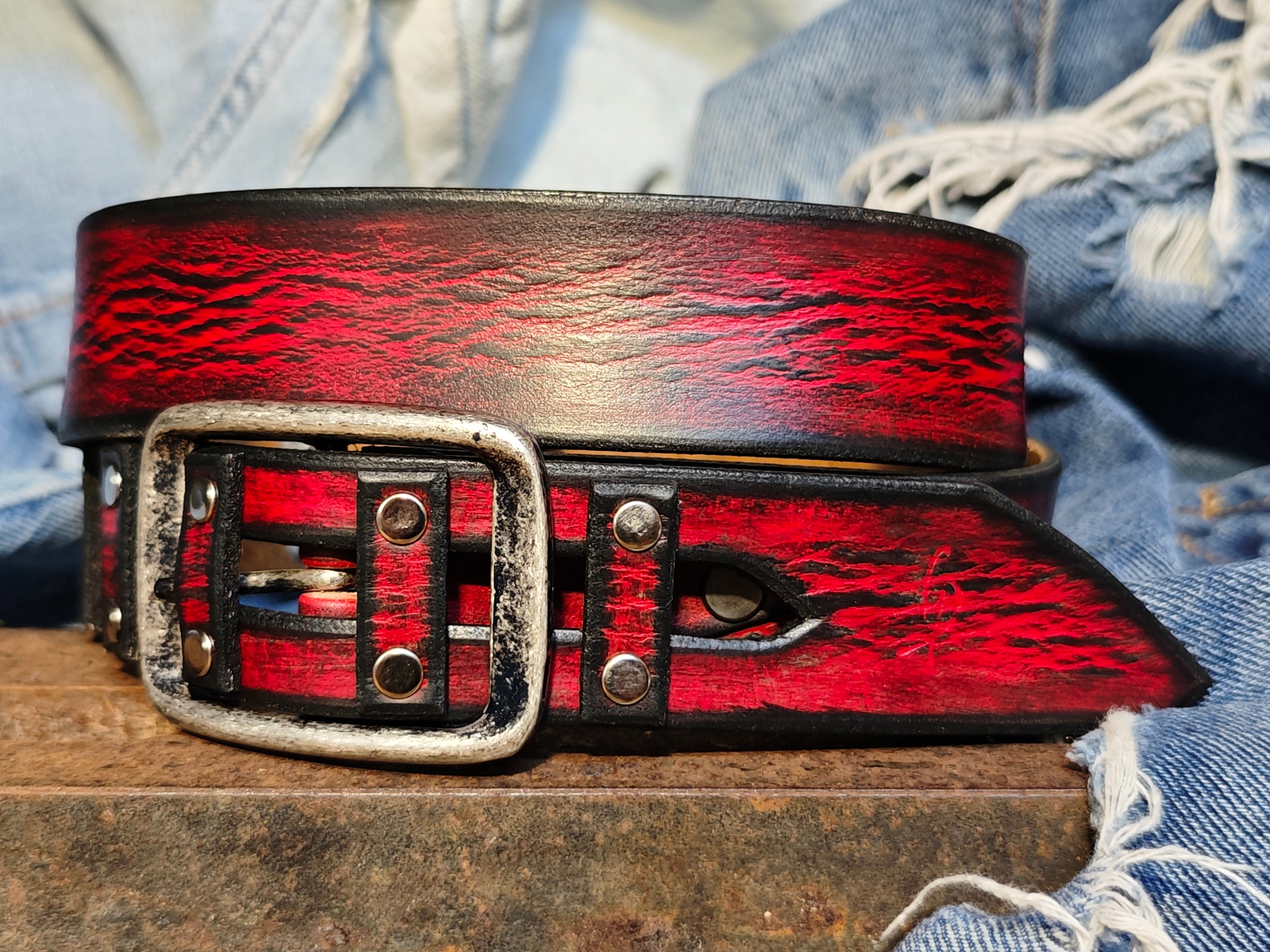 Handmade Red Leather Belt with a Metal Buckle - Personalizable Gift for Your Loved One