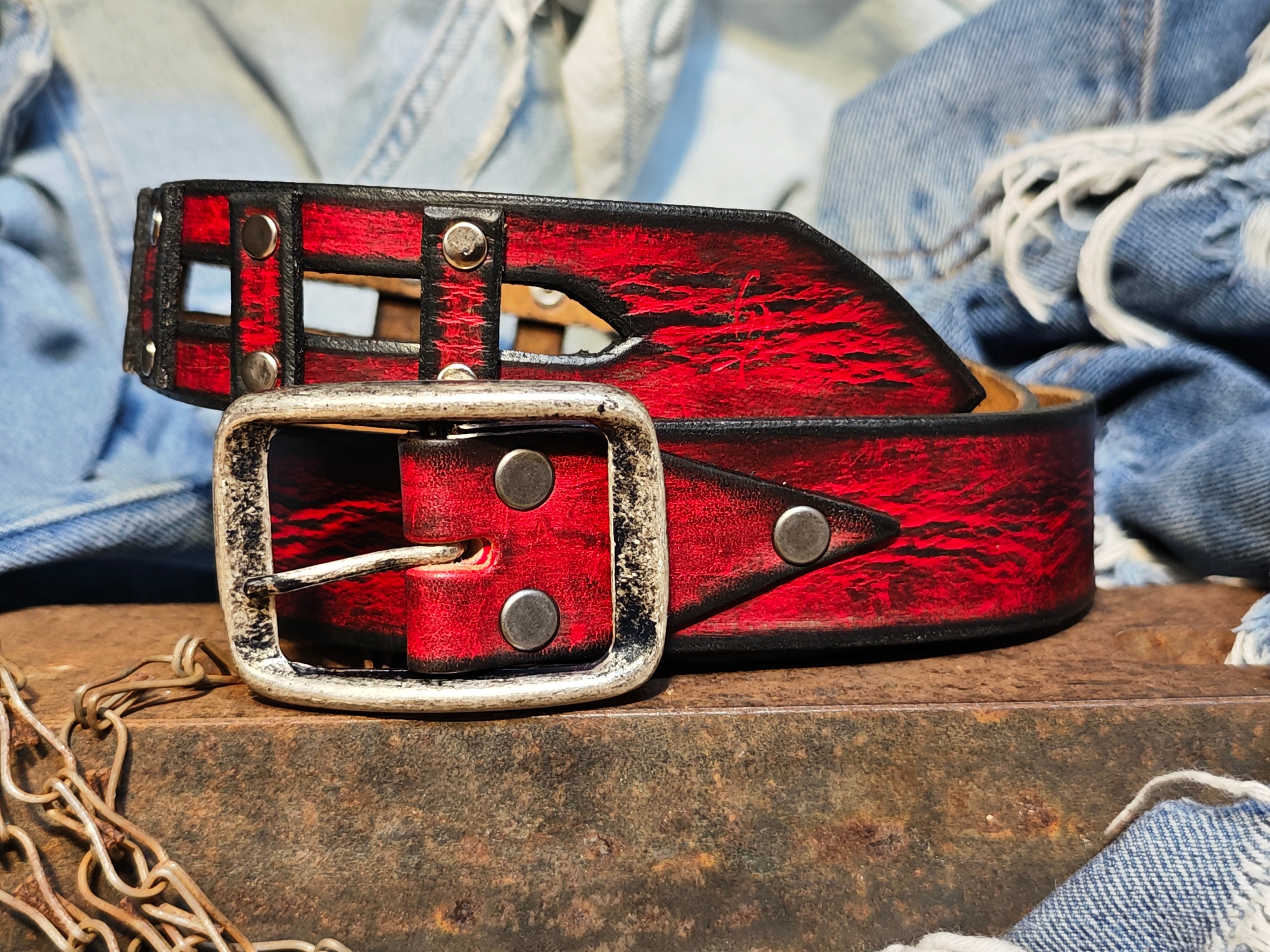 Handmade Red Leather Belt with a Metal Buckle - Personalizable Gift for Your Loved One