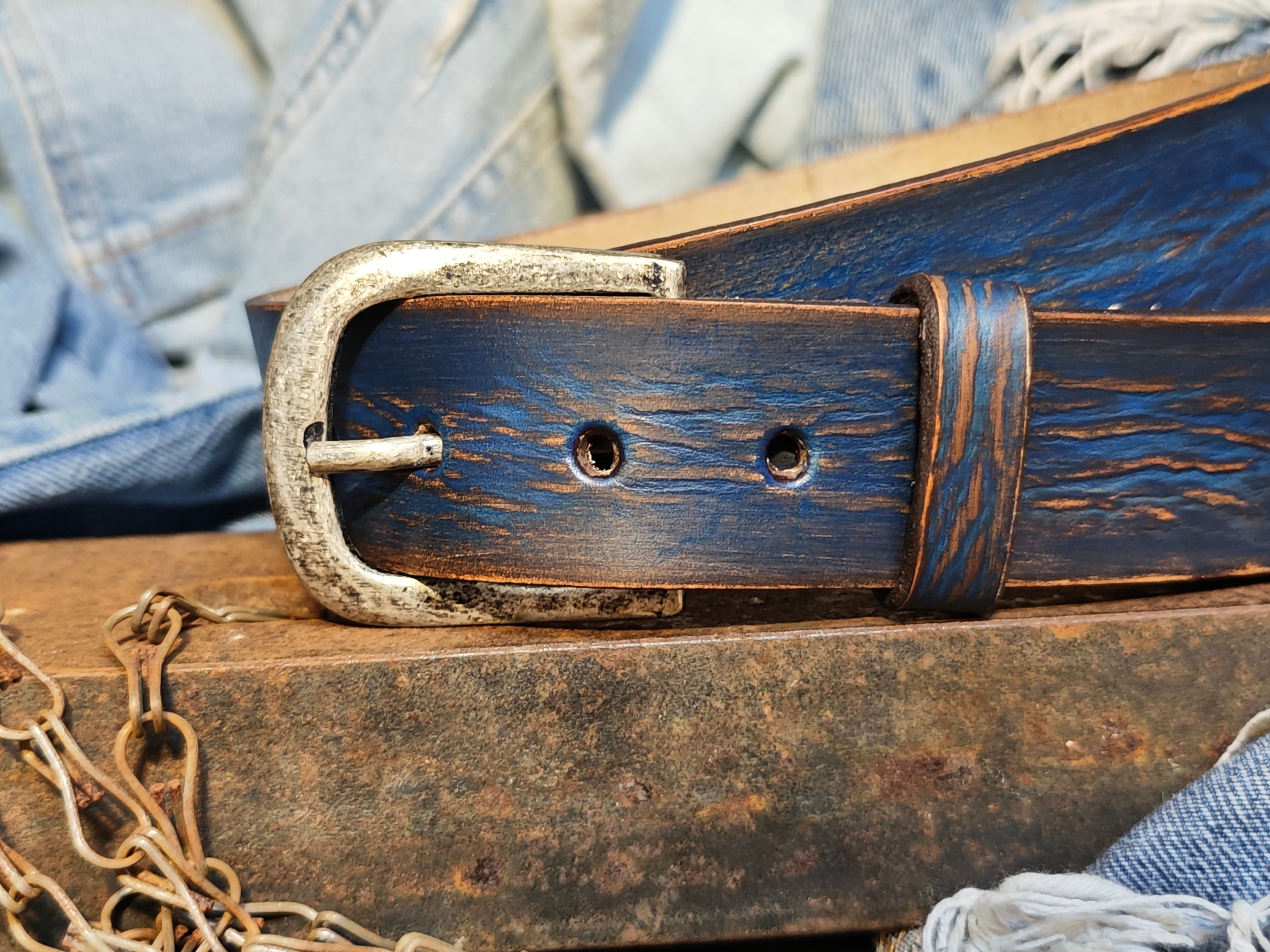 Men's blue Leather vintage style Belt, Custom Men's Leather Accessories and belts for him.