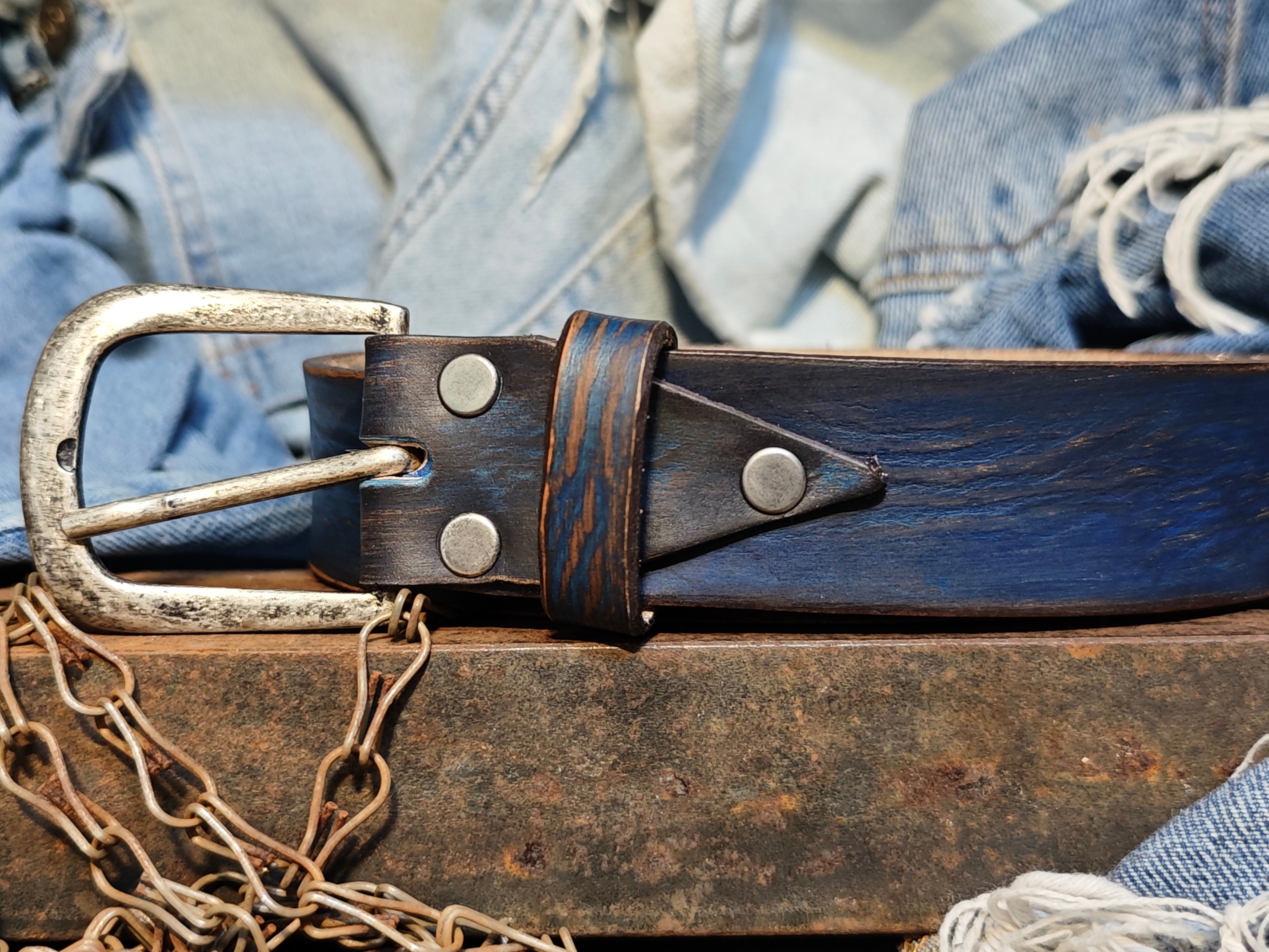 Men's blue Leather vintage style Belt, Custom Men's Leather Accessories and belts for him.