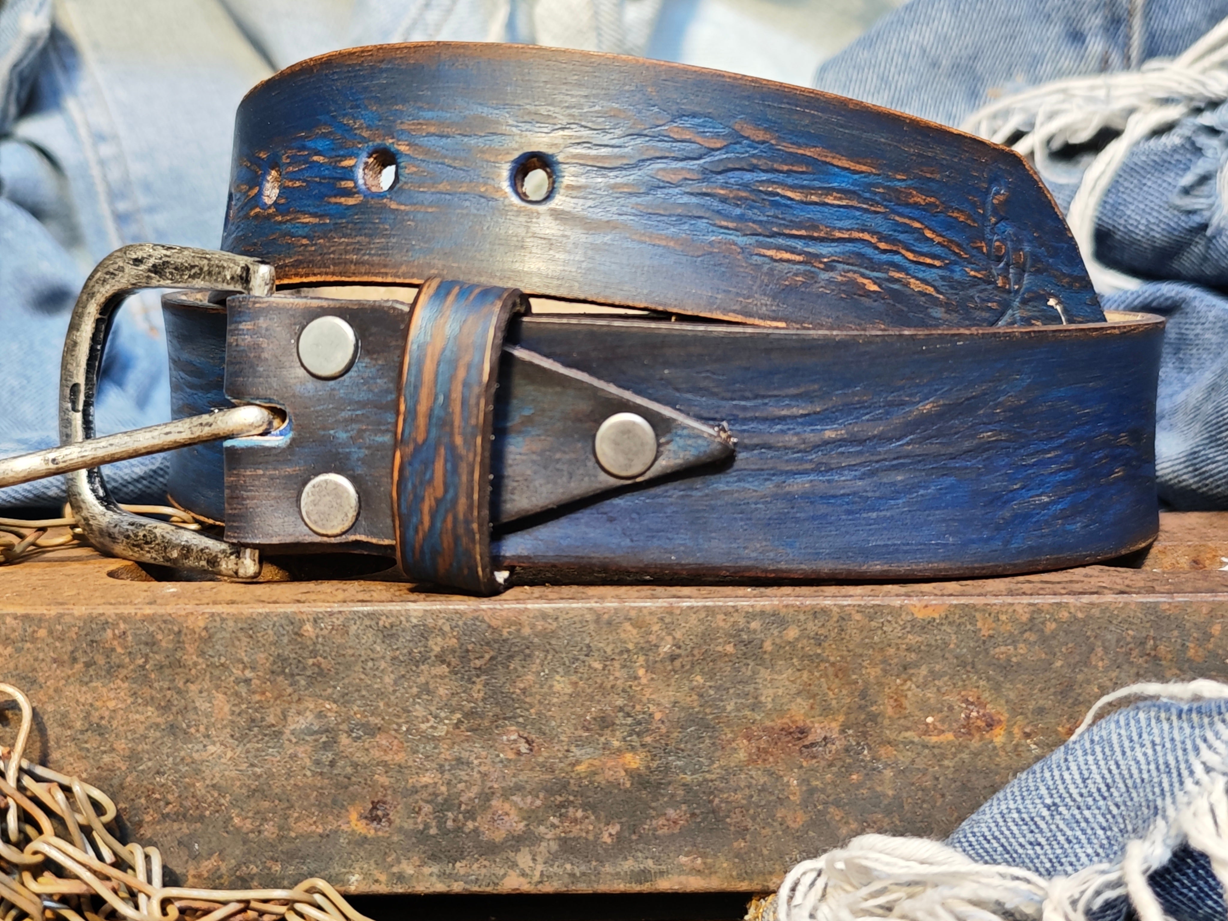 Men's blue Leather vintage style Belt, Custom Men's Leather Accessories and belts for him.