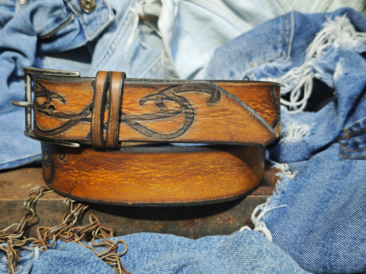 Brown leather belt with a metal buckle embossed with a unique decorative pattern – ISHAOR
