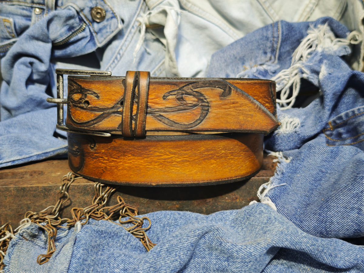 Brown leather belt with a metal buckle embossed with a unique decorative pattern – ISHAOR