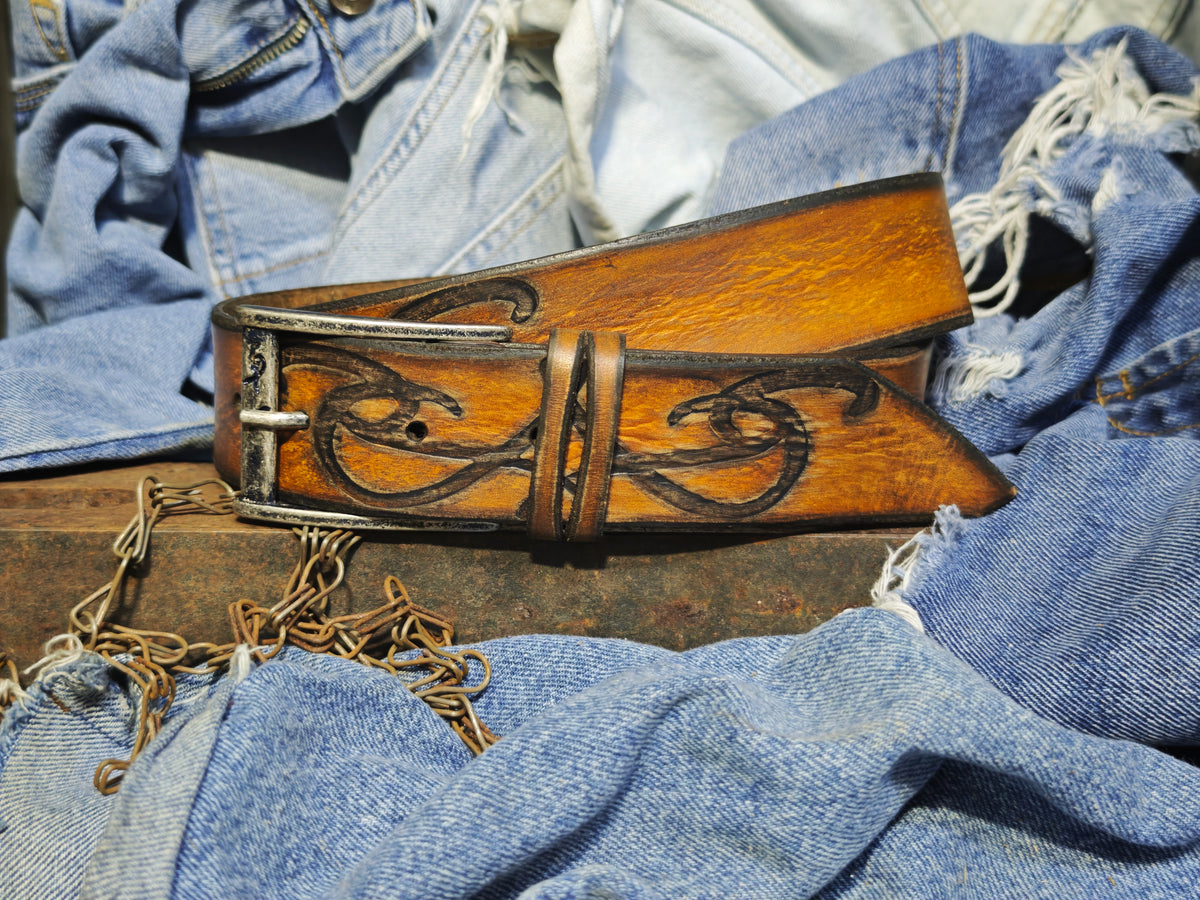 Brown leather belt with a metal buckle embossed with a unique decorative pattern – ISHAOR