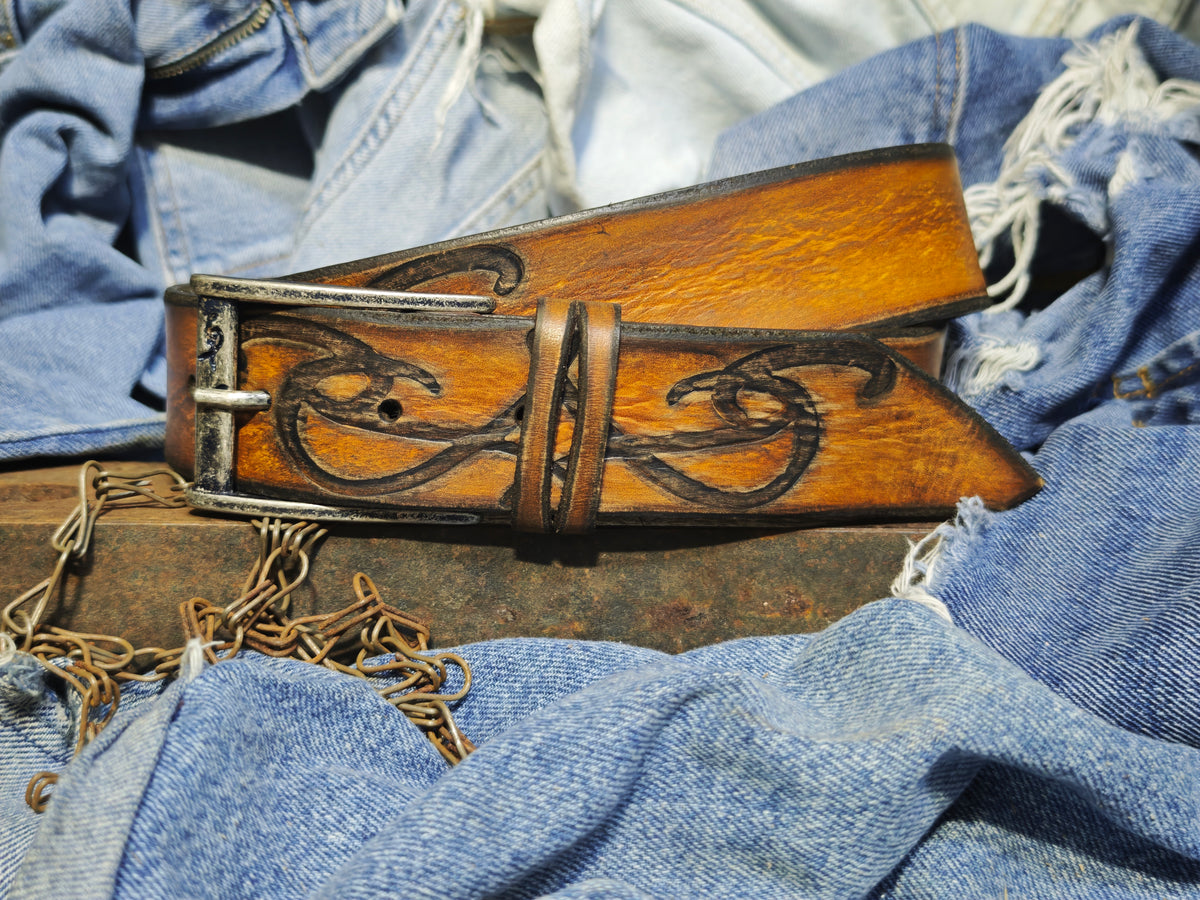 Brown leather belt with a metal buckle embossed with a unique decorative pattern – ISHAOR