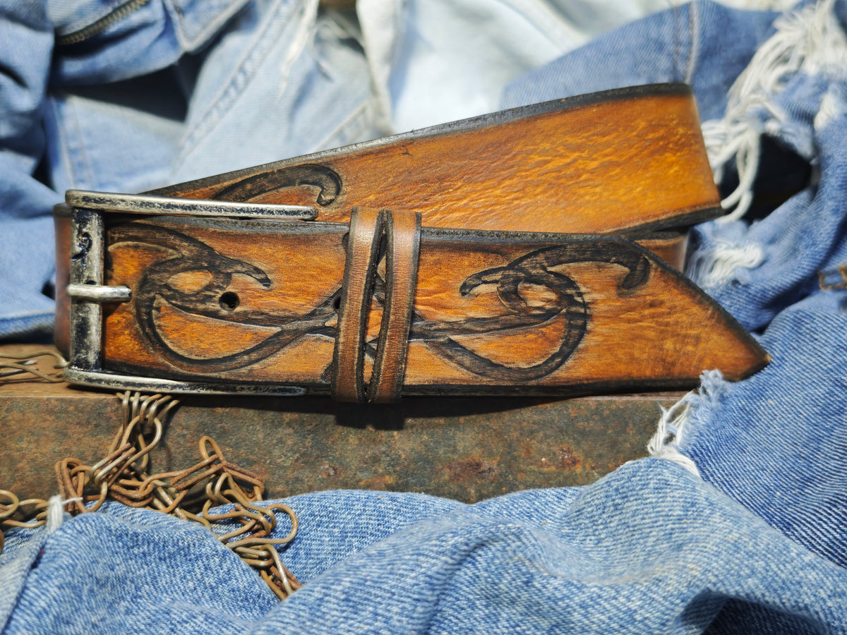 Brown leather belt with a metal buckle embossed with a unique decorative pattern – ISHAOR