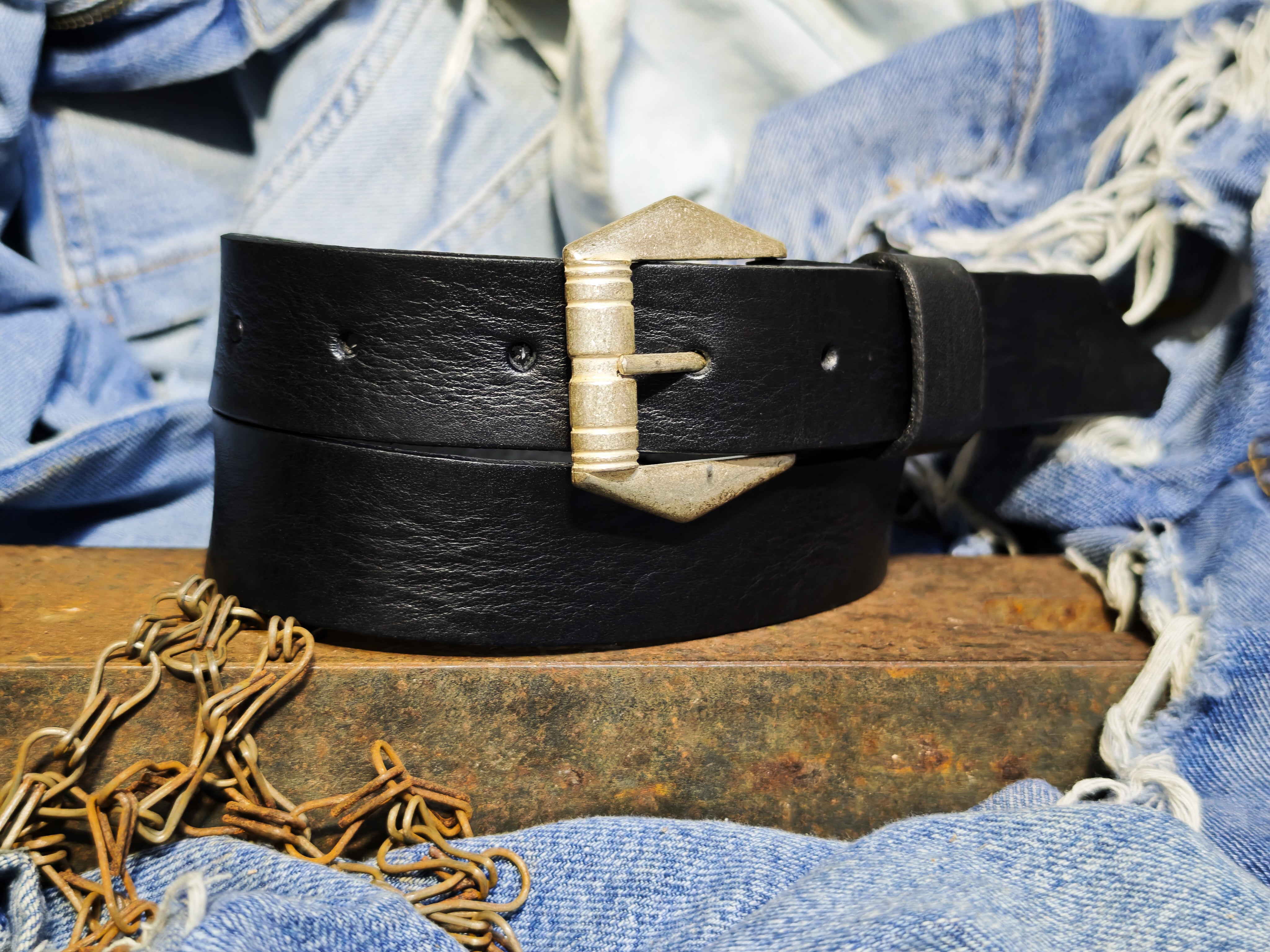 Slim Black Vintage Leather Belt for Women Handmade with silver Design Buckle