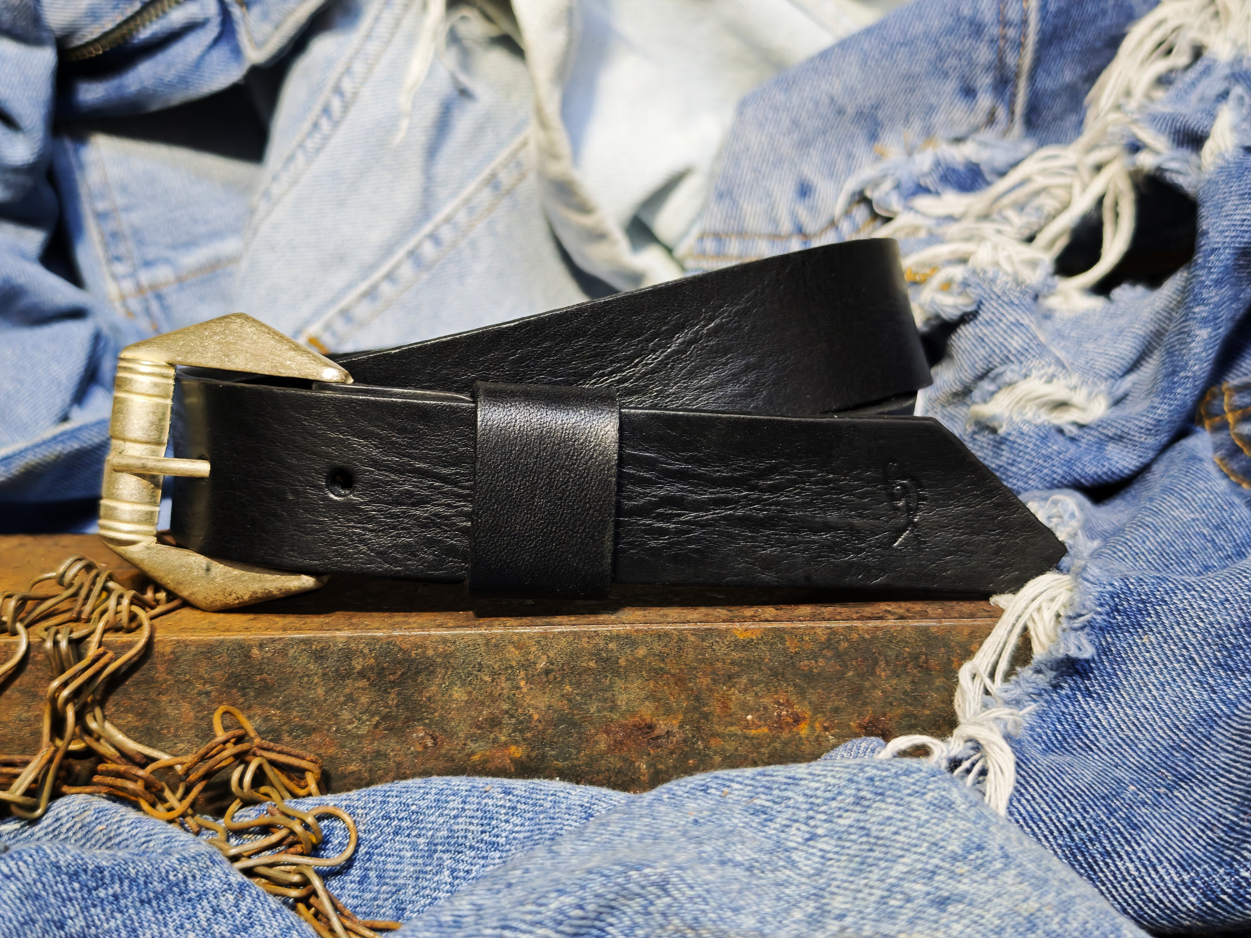 Slim Black Vintage Leather Belt for Women Handmade with silver Design Buckle