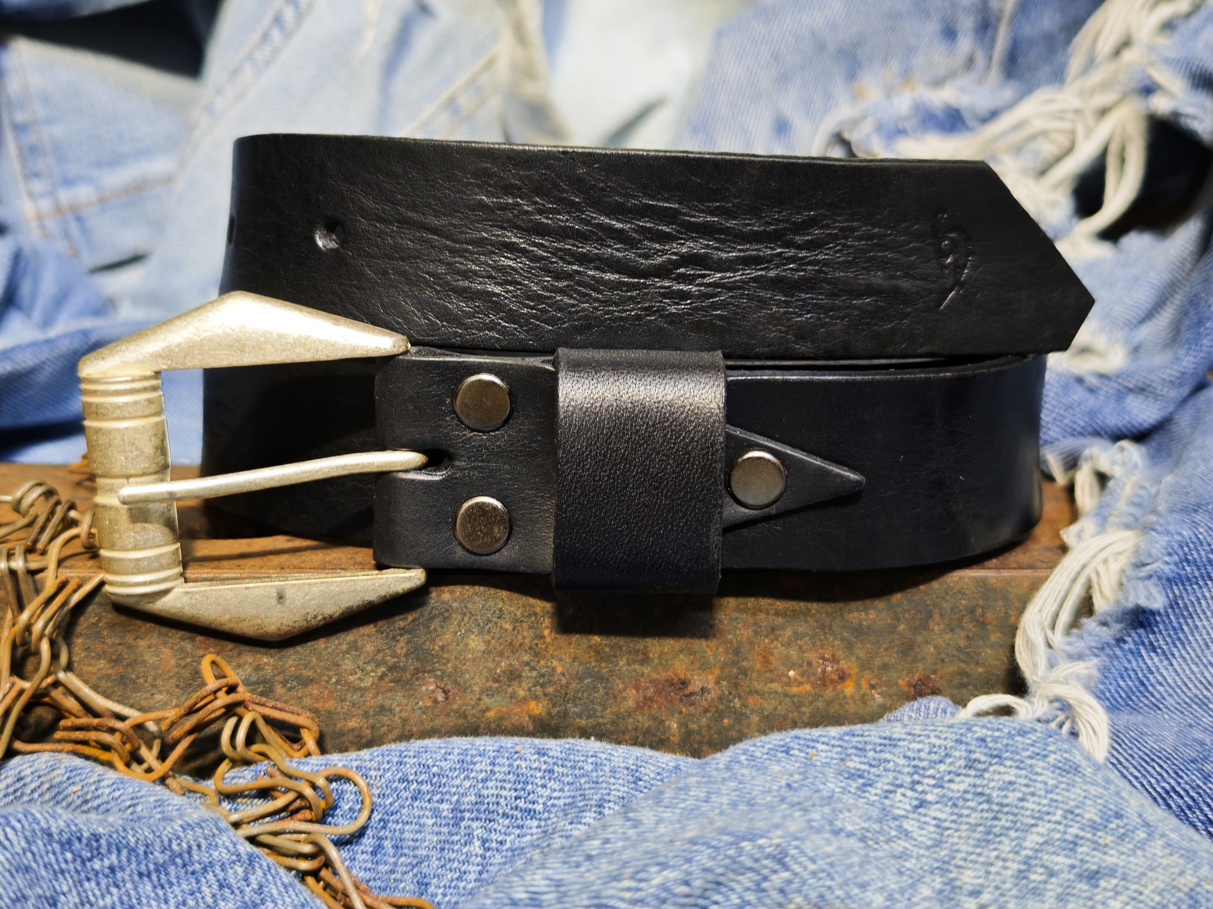 Slim Black Vintage Leather Belt for Women Handmade with silver Design Buckle