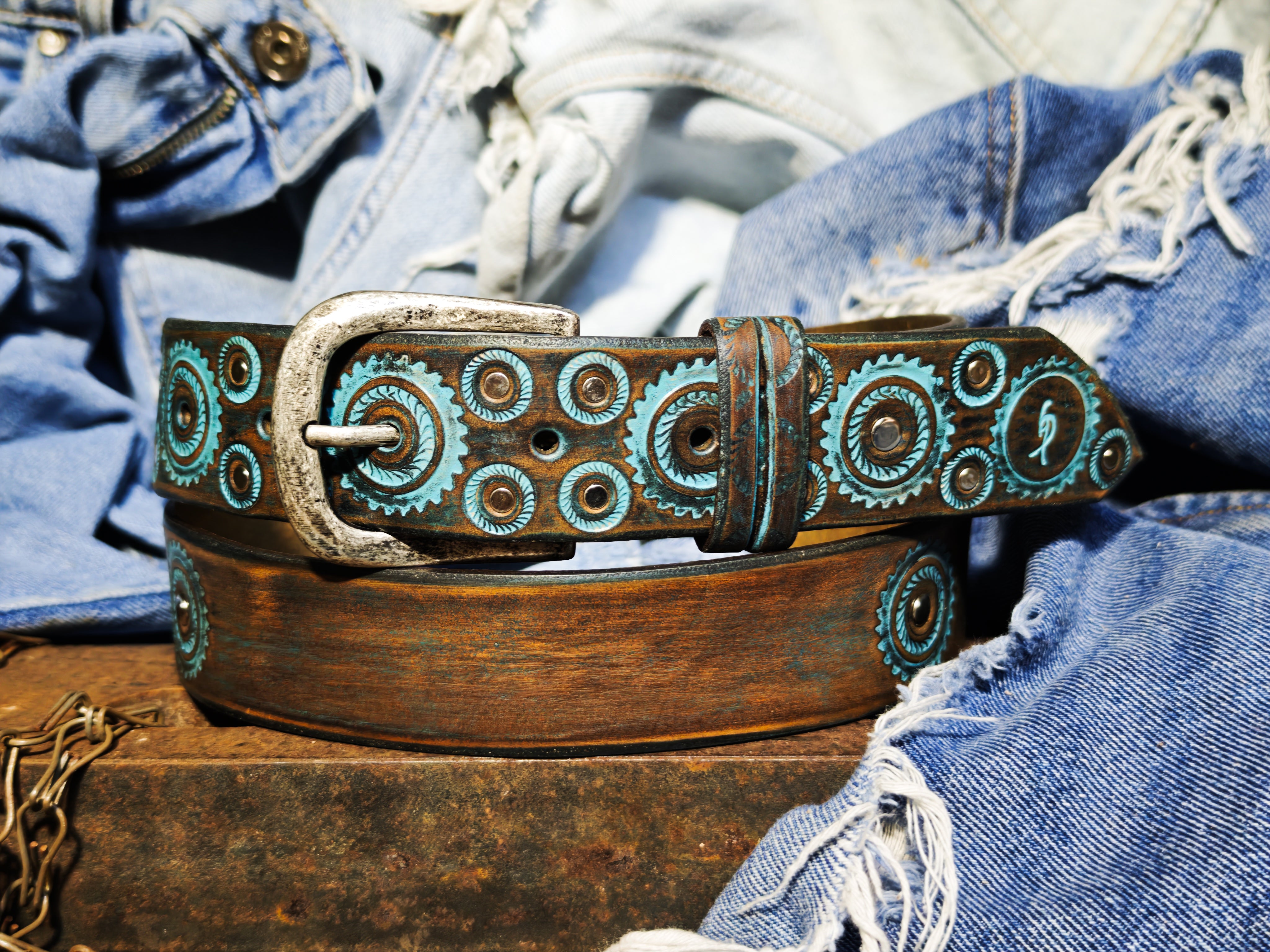 Handmade Brown Leather Belt – Turquoise Motorcycle Gear Design