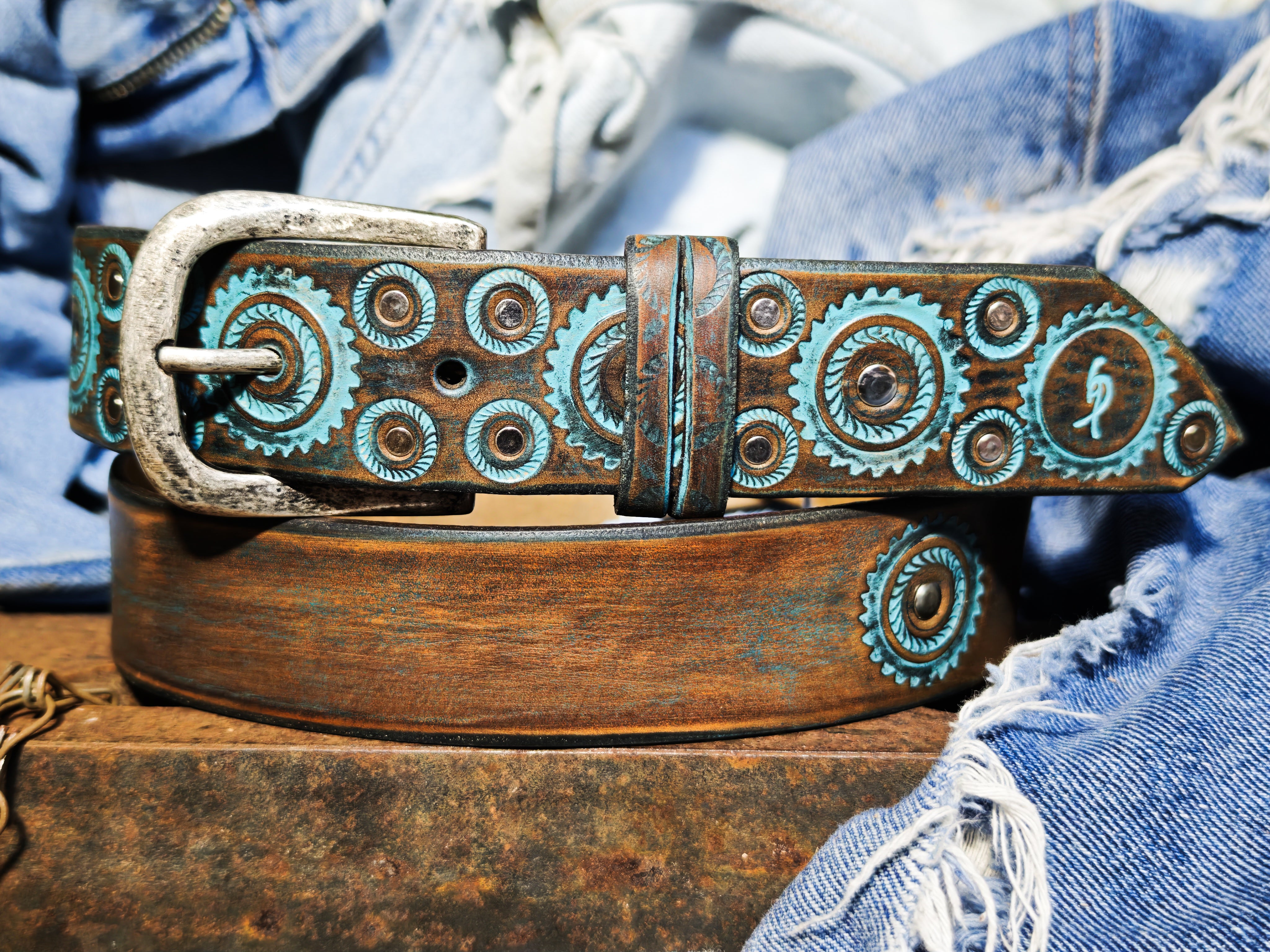 Handmade Brown Leather Belt – Turquoise Motorcycle Gear Design