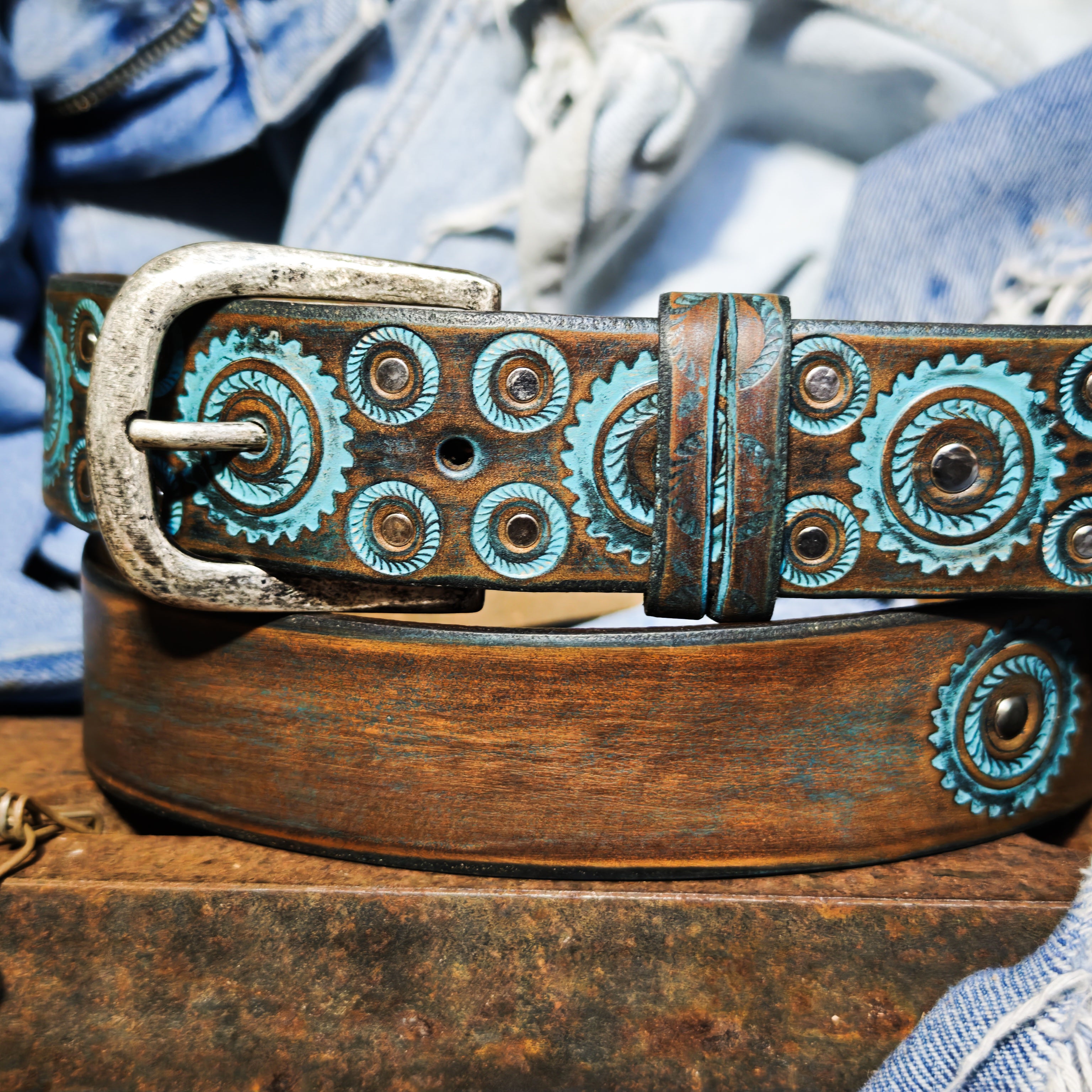 Handmade Brown Leather Belt – Turquoise Motorcycle Gear Design