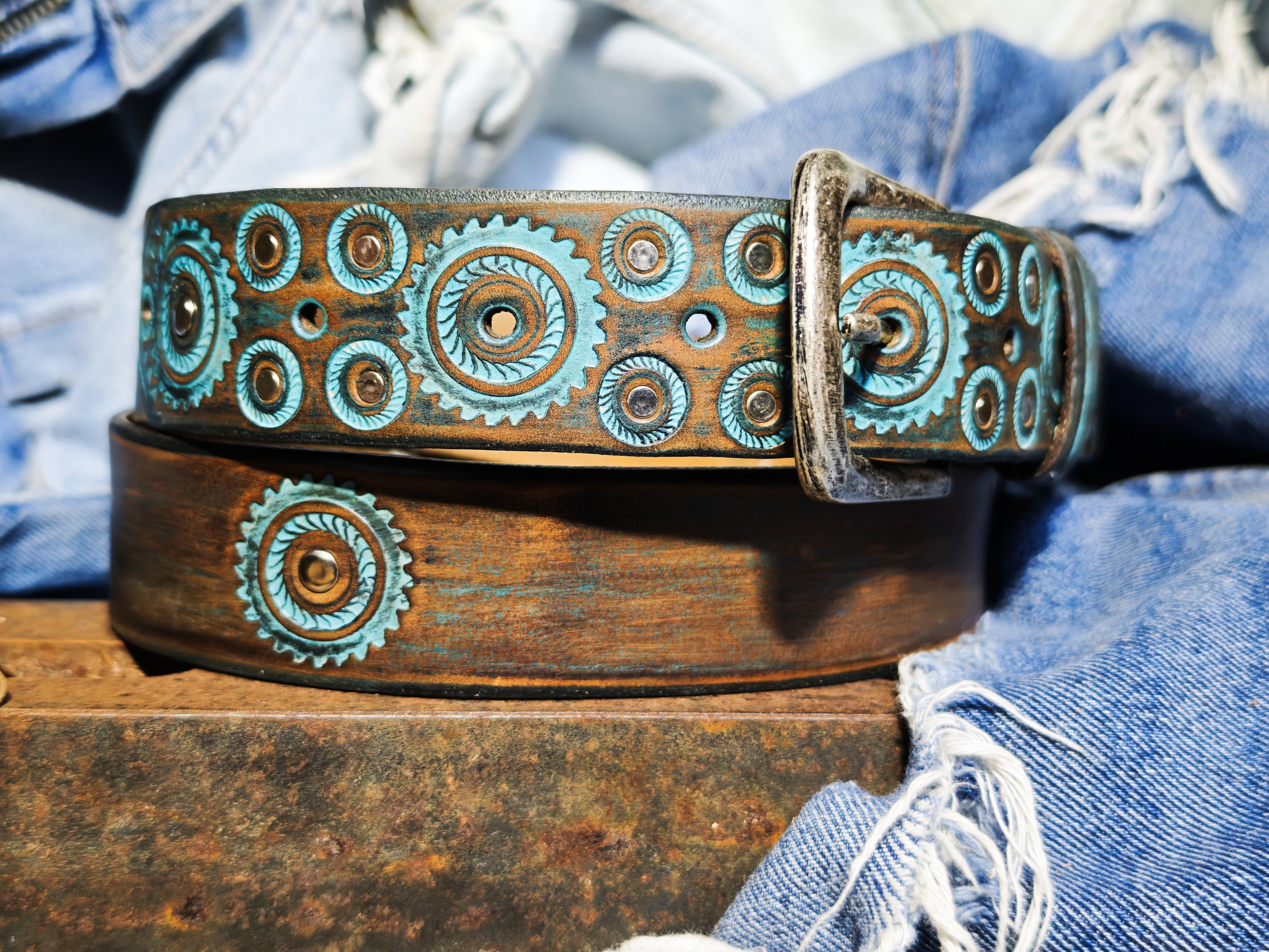 Handmade Brown Leather Belt – Turquoise Motorcycle Gear Design